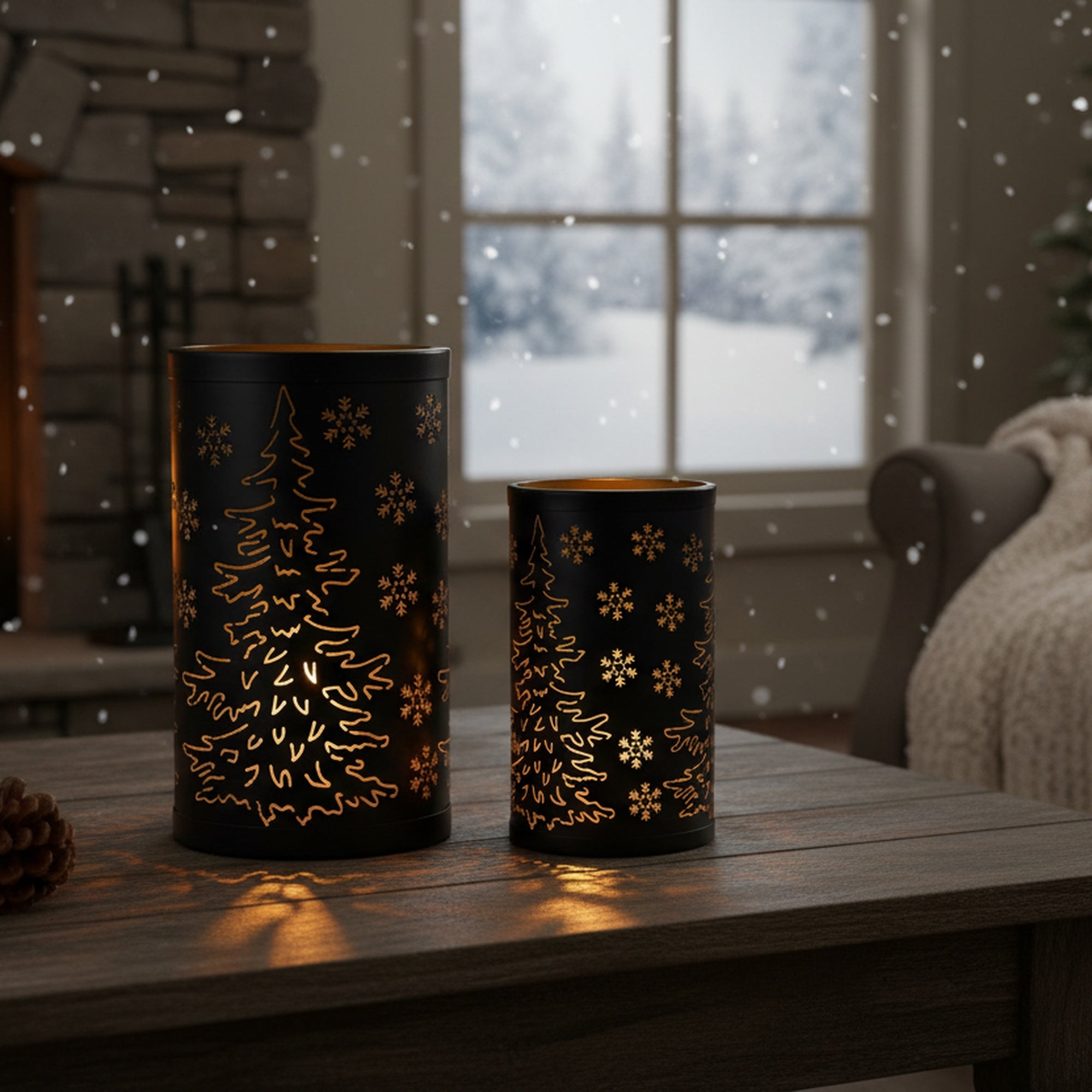 2 Piece Set of Metal Cutout Lantern Tree and Snowflakes, Christmas, Lantern, Holiday Decor