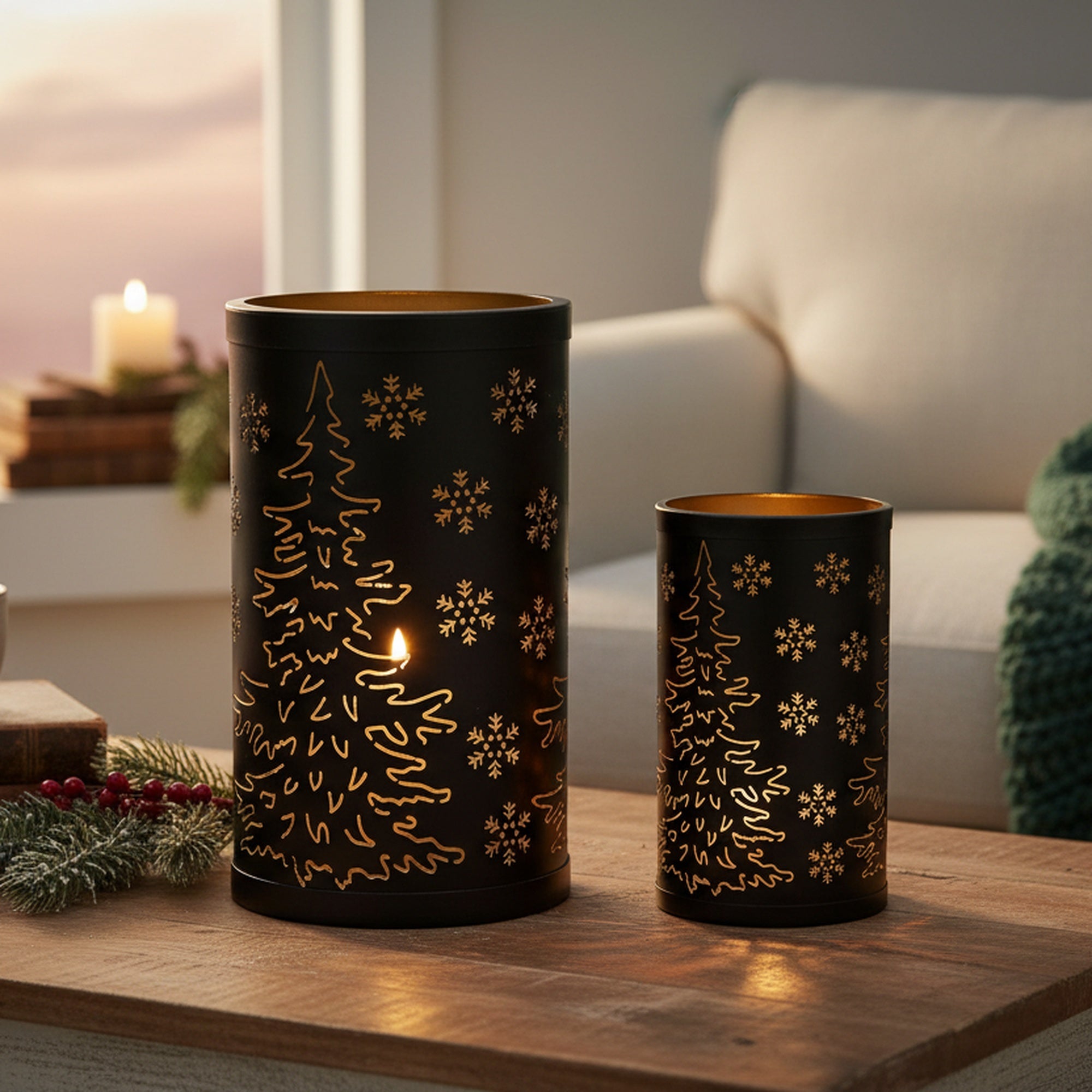 2 Piece Set of Metal Cutout Lantern Tree and Snowflakes, Christmas, Lantern, Holiday Decor