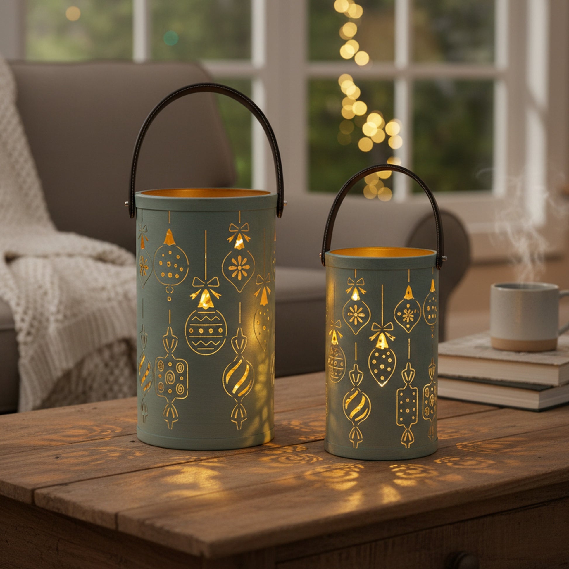 2 Piece Set of Metal Cutout Lantern Ornaments, Lantern, Holiday Decor