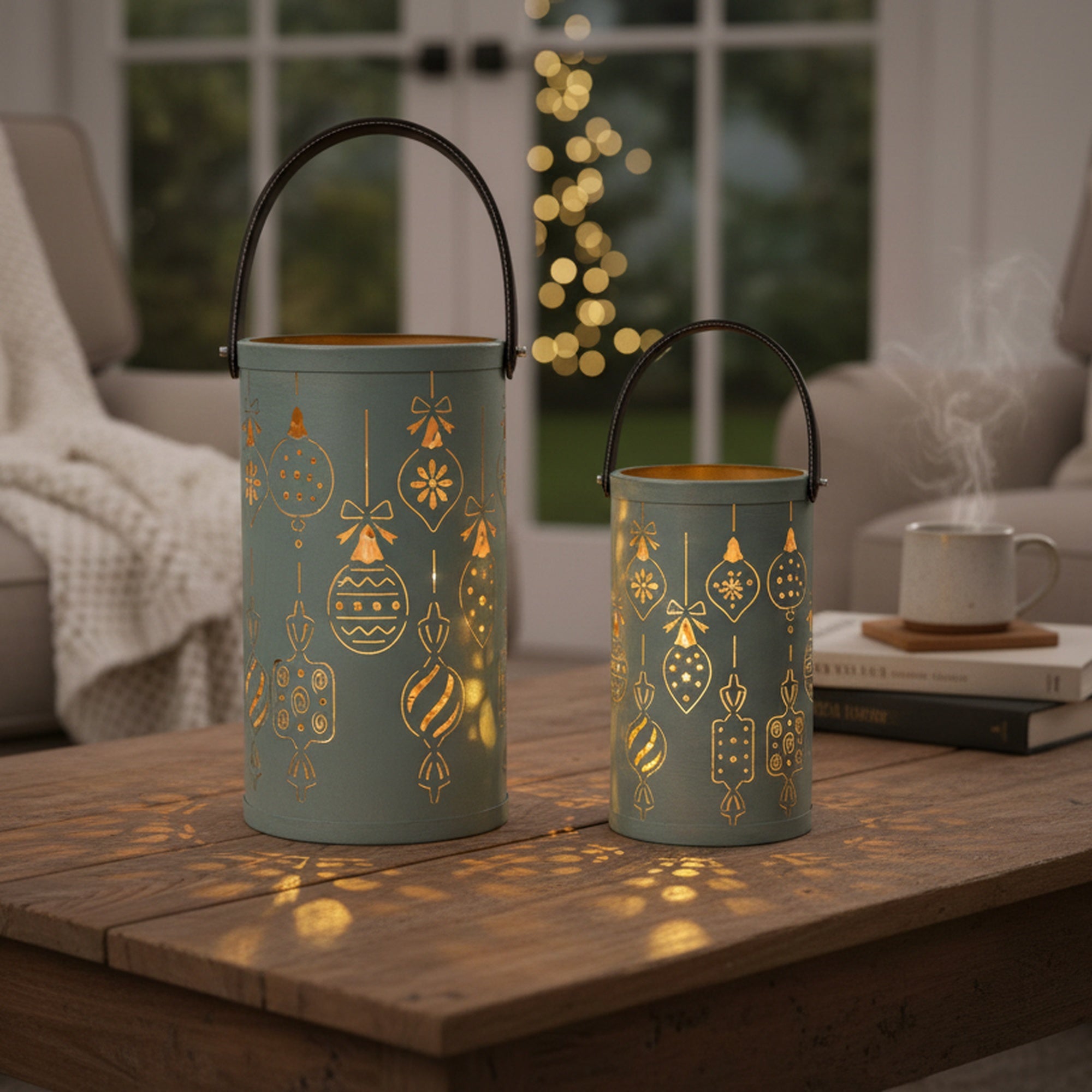 2 Piece Set of Metal Cutout Lantern Ornaments, Lantern, Holiday Decor