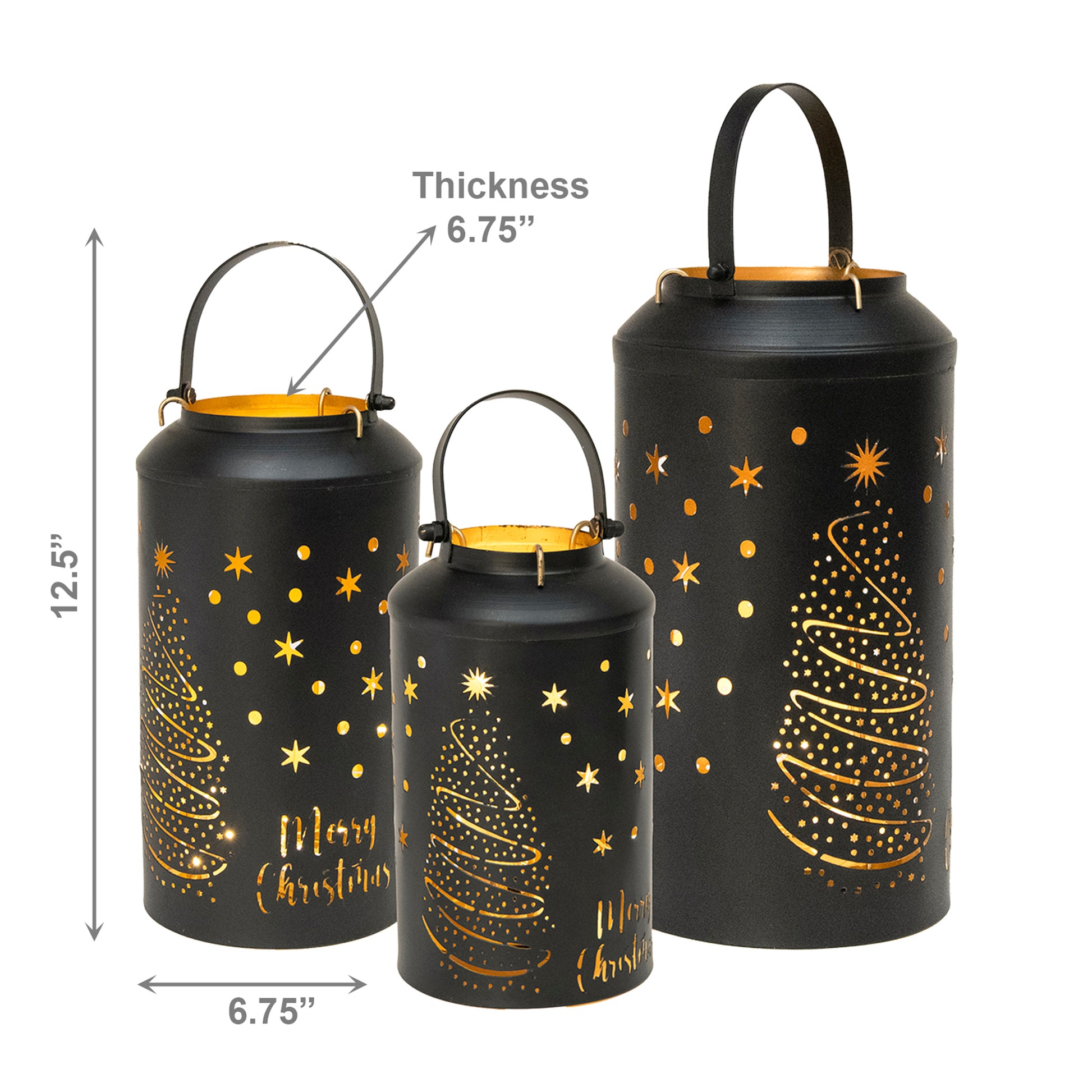 Black Metal Cutout Lantern Tree & Stars Set of 3, Lantern, Holiday Decor