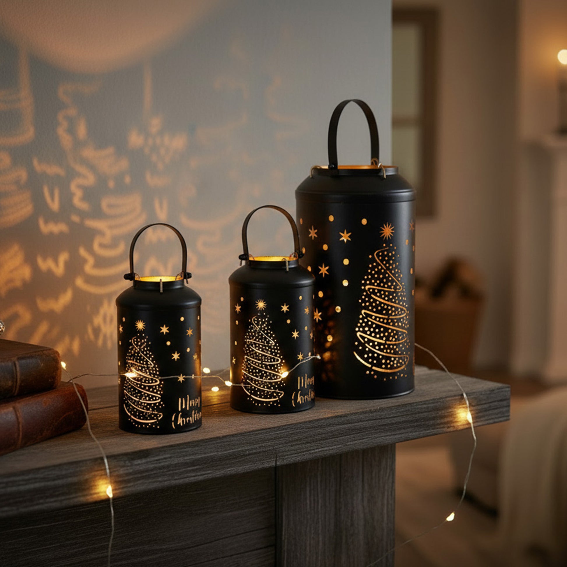 Black Metal Cutout Lantern Tree & Stars Set of 3, Lantern, Holiday Decor
