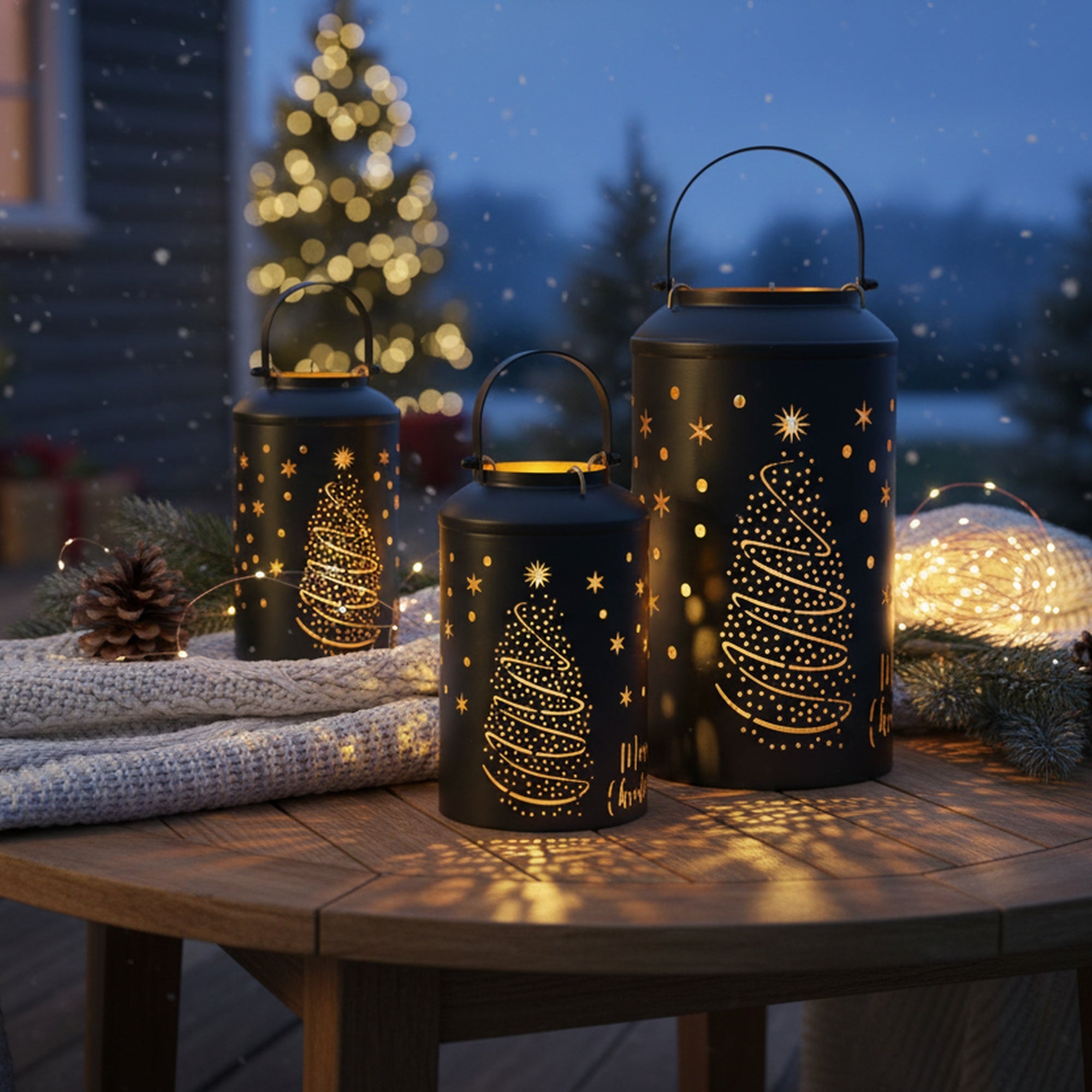 Black Metal Cutout Lantern Tree & Stars Set of 3, Lantern, Holiday Decor