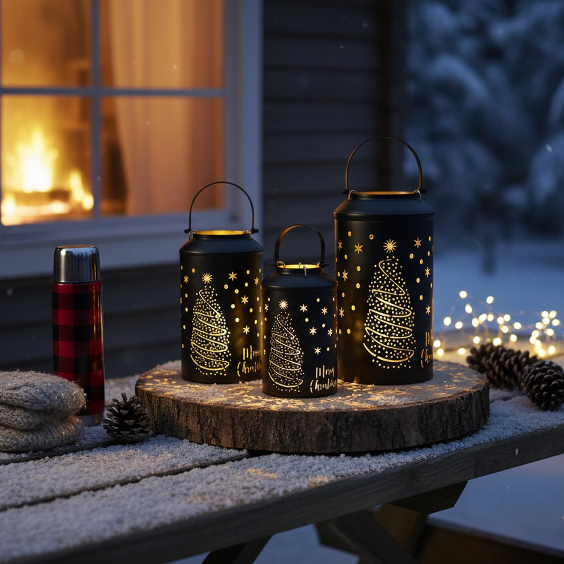 Black Metal Cutout Lantern Tree & Stars Set of 3, Lantern, Holiday Decor