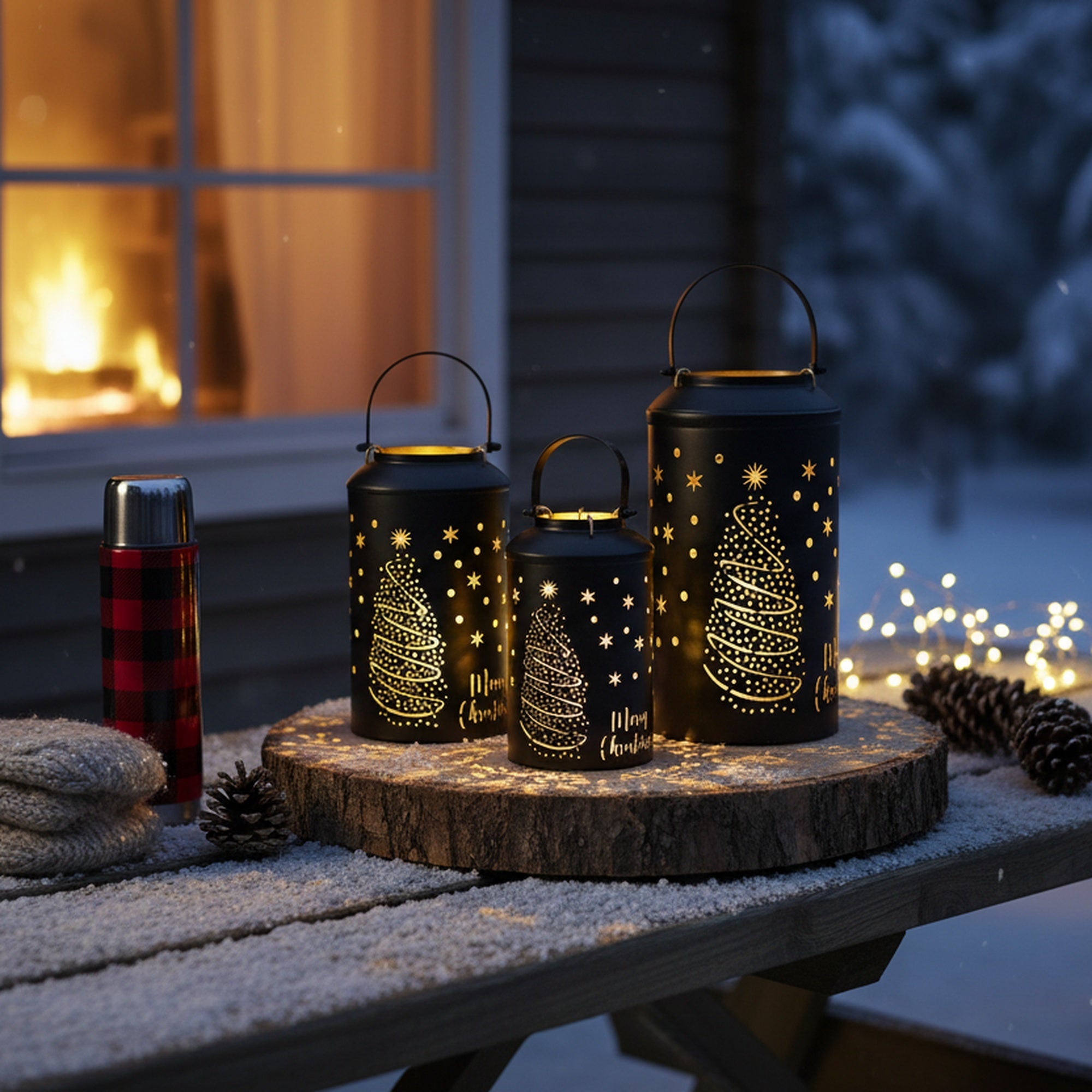 Black Metal Cutout Lantern Tree & Stars Set of 3, Lantern, Holiday Decor