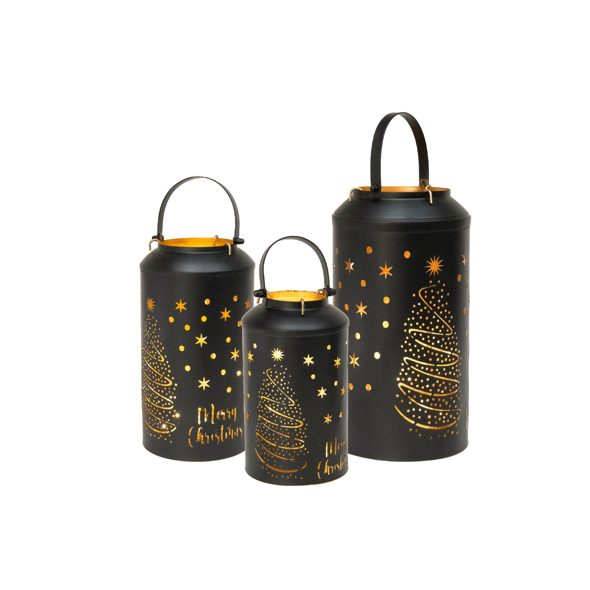 Black Metal Cutout Lantern Tree & Stars Set of 3, Lantern, Holiday Decor
