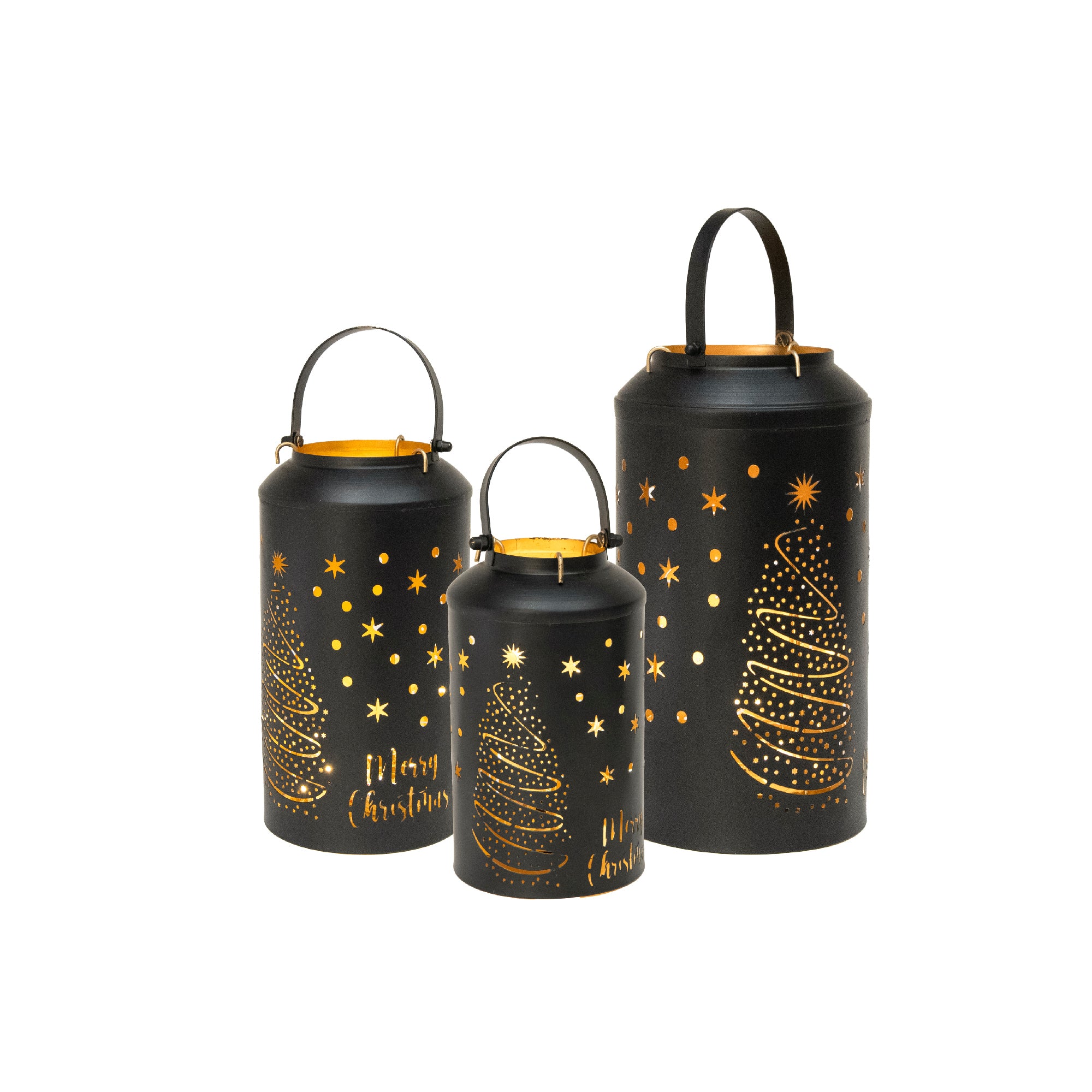 Black Metal Cutout Lantern Tree & Stars Set of 3, Lantern, Holiday Decor