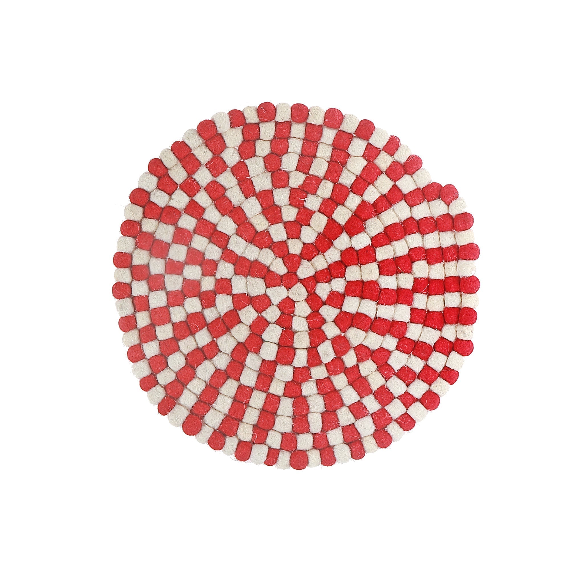 Round Felt Ball Trivet Red & Beige – Christmas Table Accessory, Holiday Kitchen Decor, Festive Hot Pad