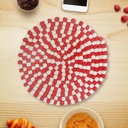 Round Felt Ball Trivet Red & Beige – Christmas Table Accessory, Holiday Kitchen Decor, Festive Hot Pad