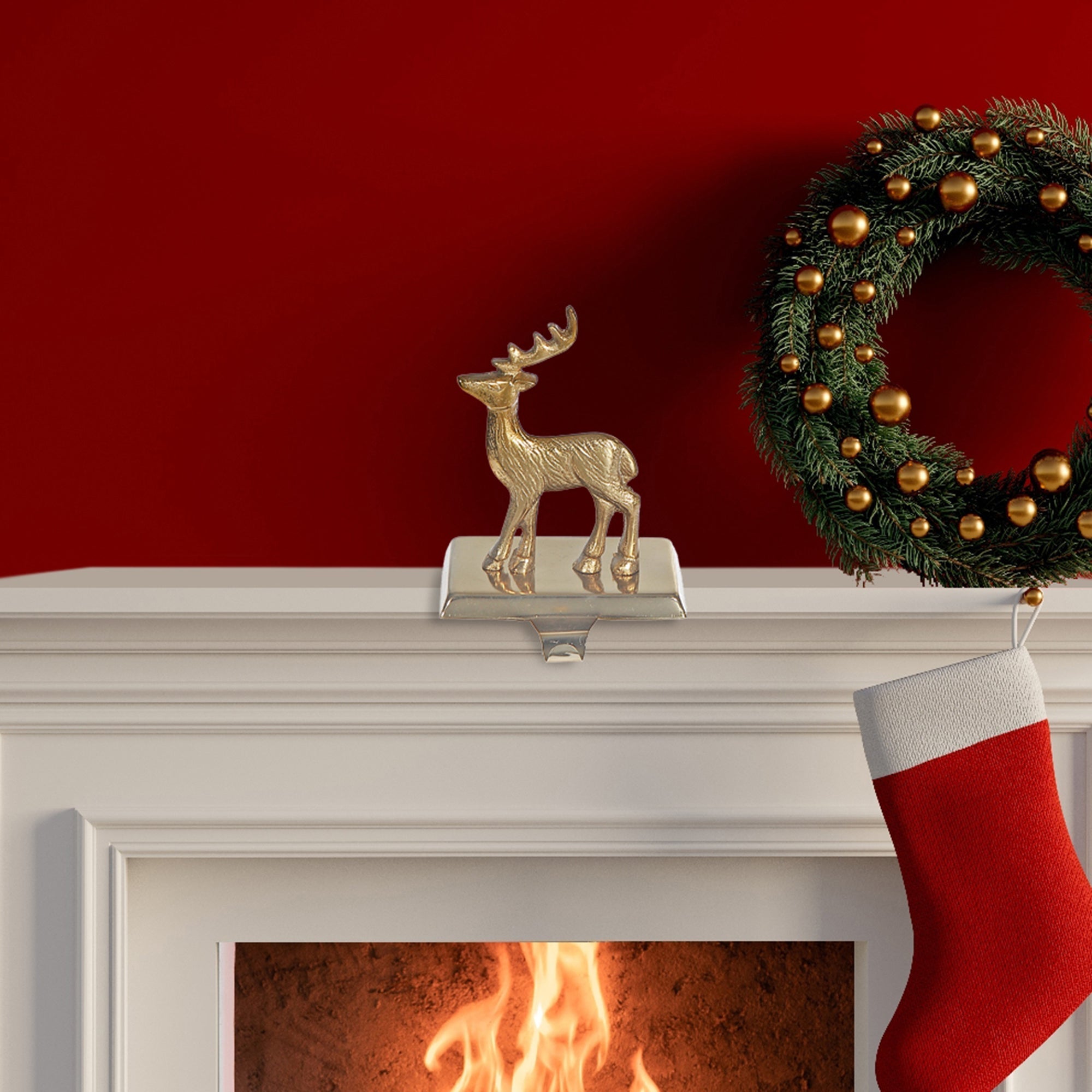 Metal Stocking Holder Standing Reindeer – Christmas Mantel Decoration, Holiday Accent, Festive Winter Decor