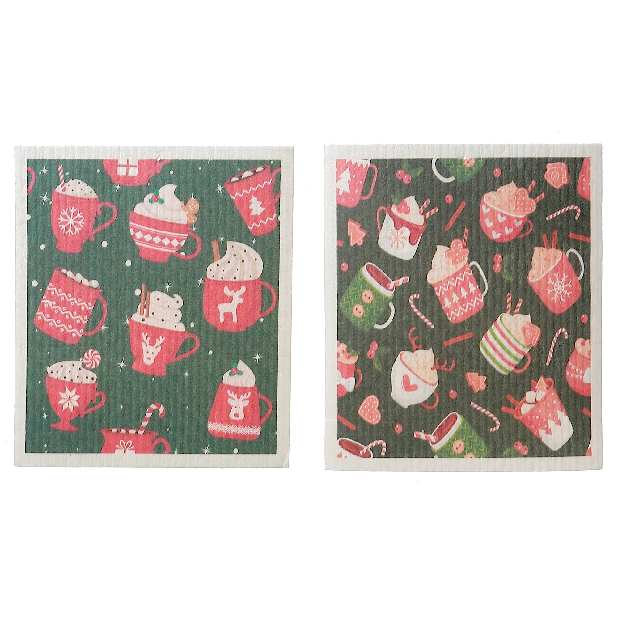 Swedish Dish Cloth Set of 2 with Winter Christmas Drinks Design Assorted, Holiday Kitchen Decor, Christmas Cleaning Cloths