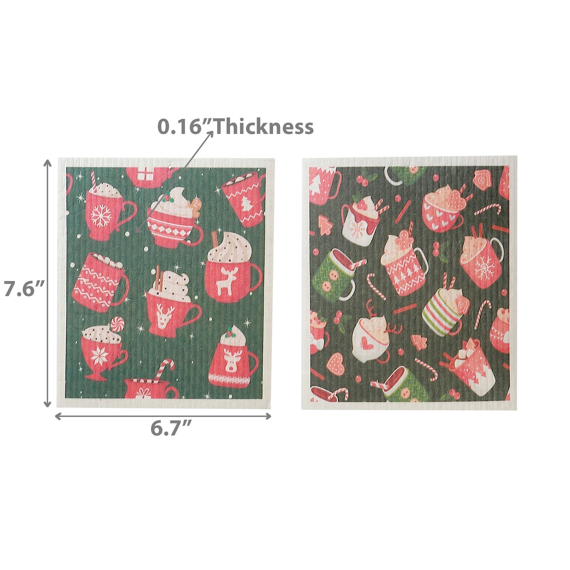 Swedish Dish Cloth Set of 2 with Winter Christmas Drinks Design Assorted, Holiday Kitchen Decor, Christmas Cleaning Cloths