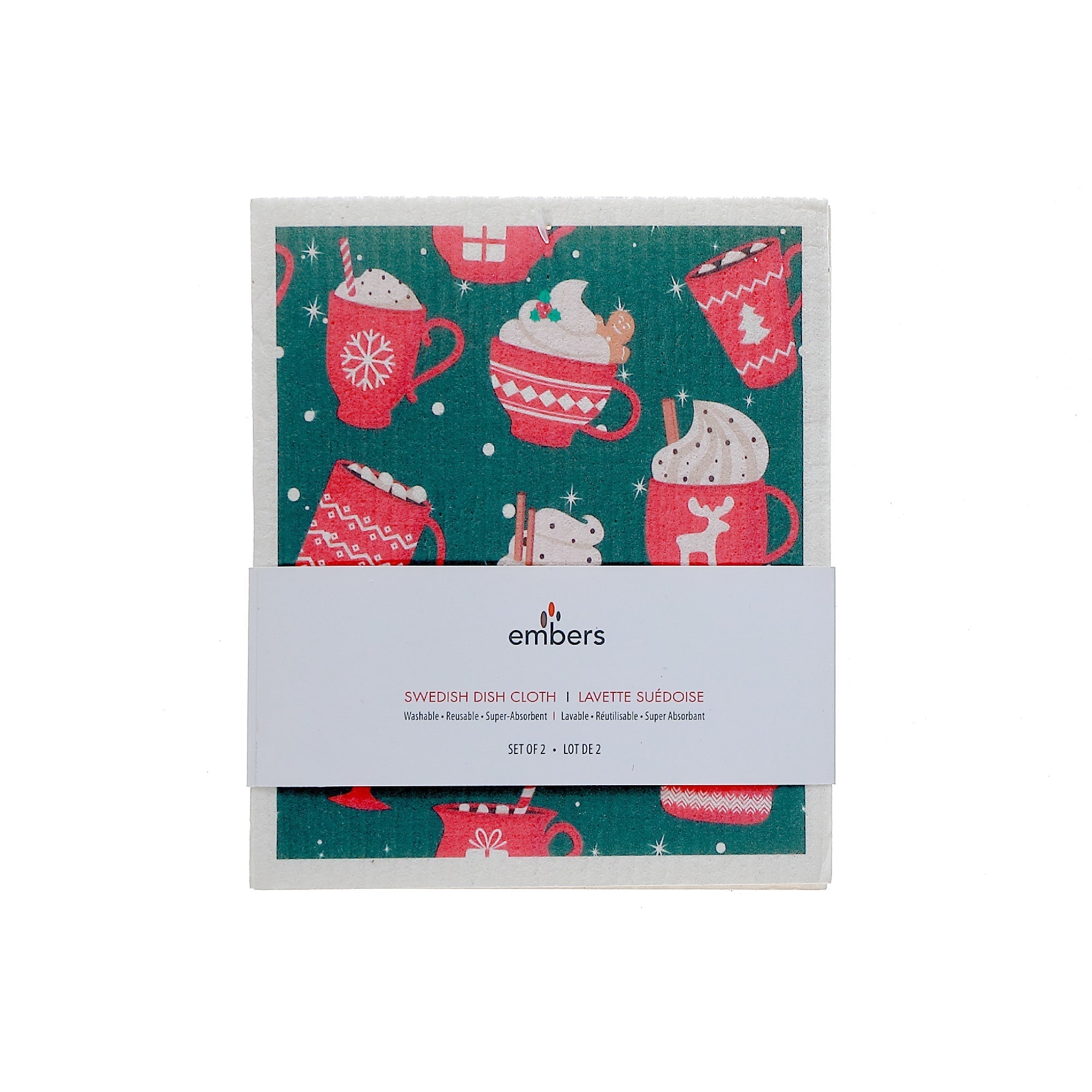 Swedish Dish Cloth Set of 2 with Winter Christmas Drinks Design Assorted, Holiday Kitchen Decor, Christmas Cleaning Cloths