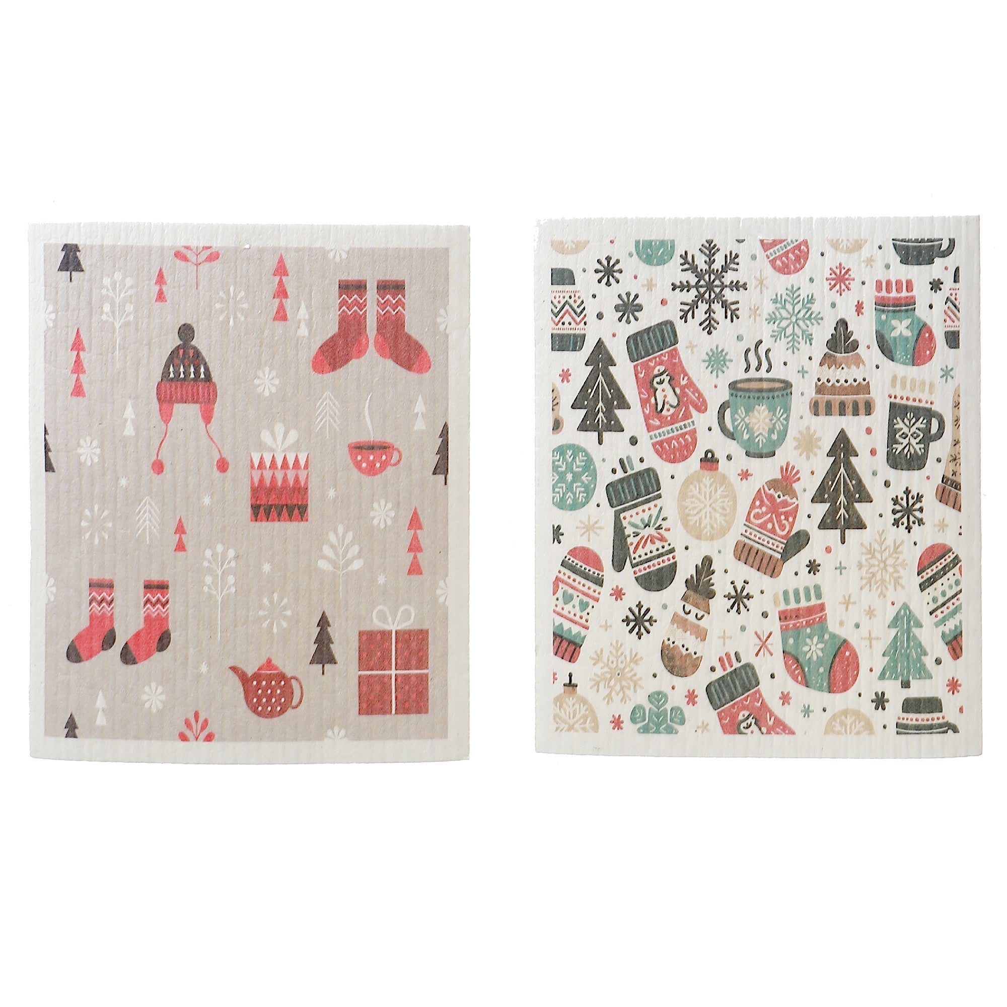 Swedish Dish Cloth Set of 2 with Mittens, Toque and Socks Design Assorted, Christmas Kitchen, Holiday Cleaning Cloths