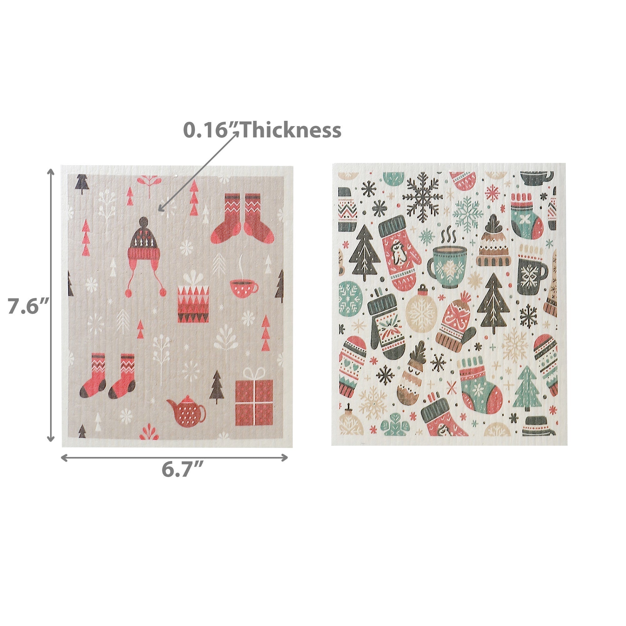 Swedish Dish Cloth Set of 2 with Mittens, Toque and Socks Design Assorted, Christmas Kitchen, Holiday Cleaning Cloths