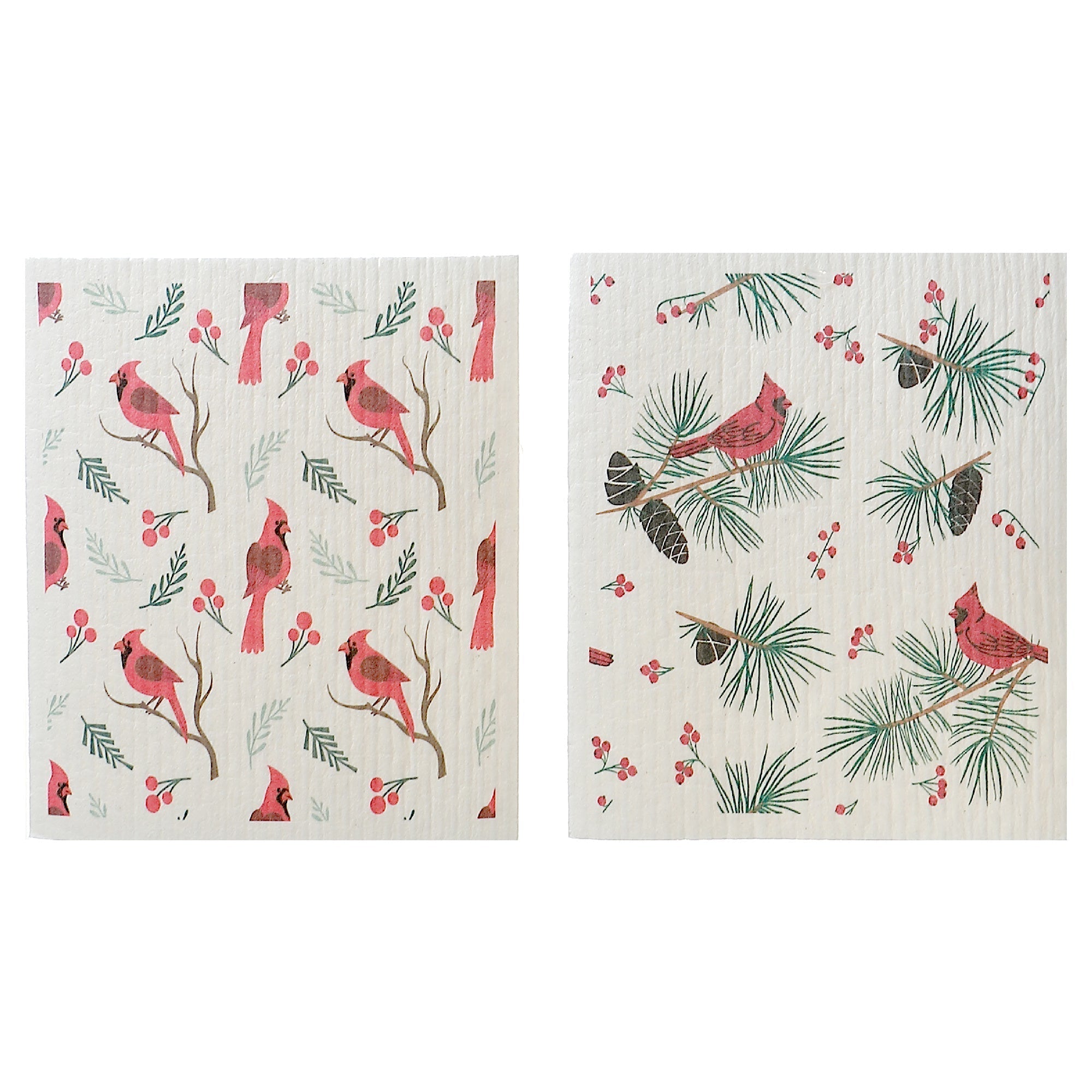 Swedish Dish Cloth Set of 2 with Holly Berries and Cardinal Design Assorted, Christmas Kitchen, Holiday Cleaning Cloths