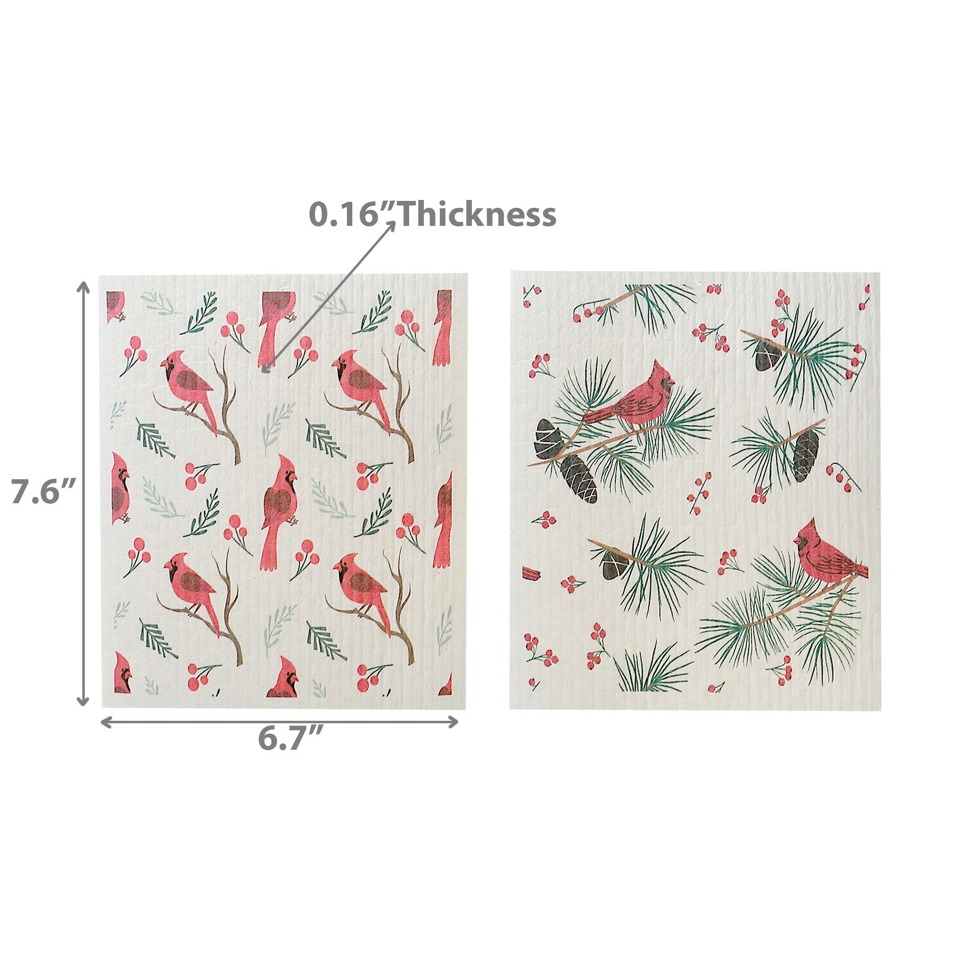 Swedish Dish Cloth Set of 2 with Holly Berries and Cardinal Design Assorted, Christmas Kitchen, Holiday Cleaning Cloths