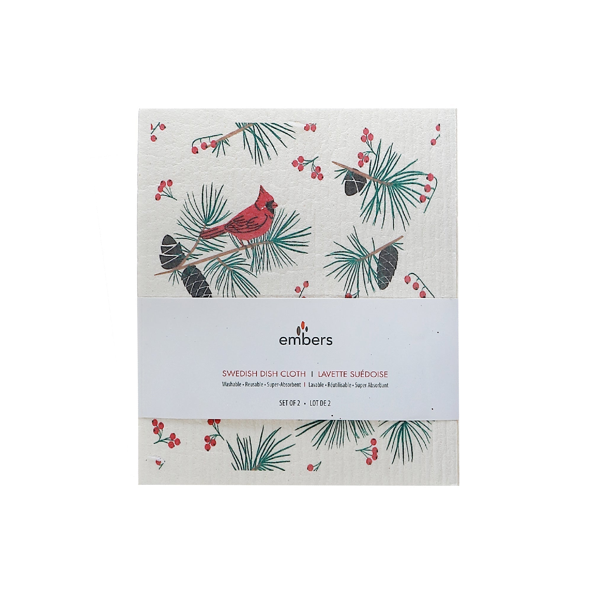 Swedish Dish Cloth Set of 2 with Holly Berries and Cardinal Design Assorted, Christmas Kitchen, Holiday Cleaning Cloths