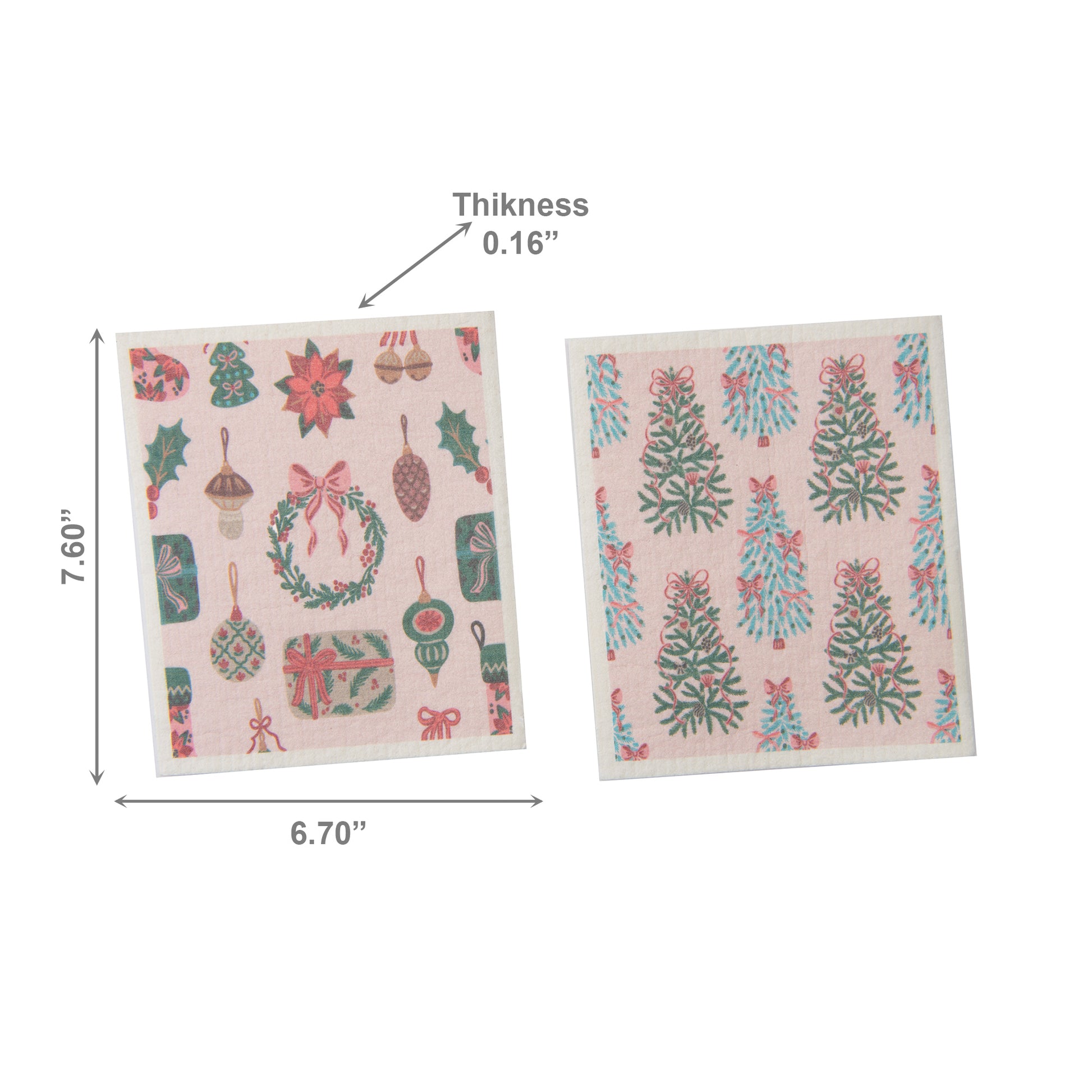 Swedish Dish Cloth Set of 2Tree and Ornaments Assorted, Christmas, Kitchen Towel, Holiday Decor- Set of 2
