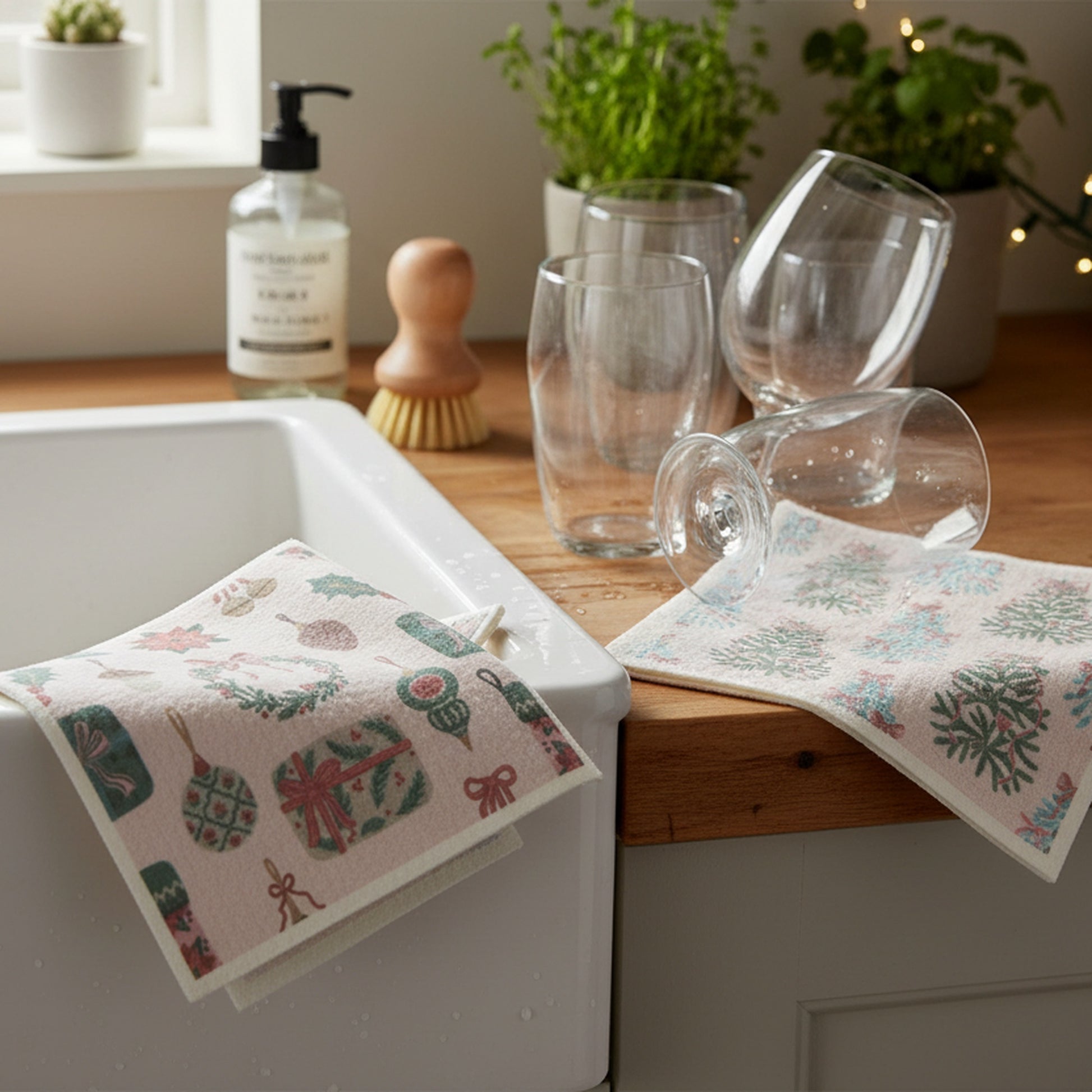 Swedish Dish Cloth Set of 2Tree and Ornaments Assorted, Christmas, Kitchen Towel, Holiday Decor- Set of 2