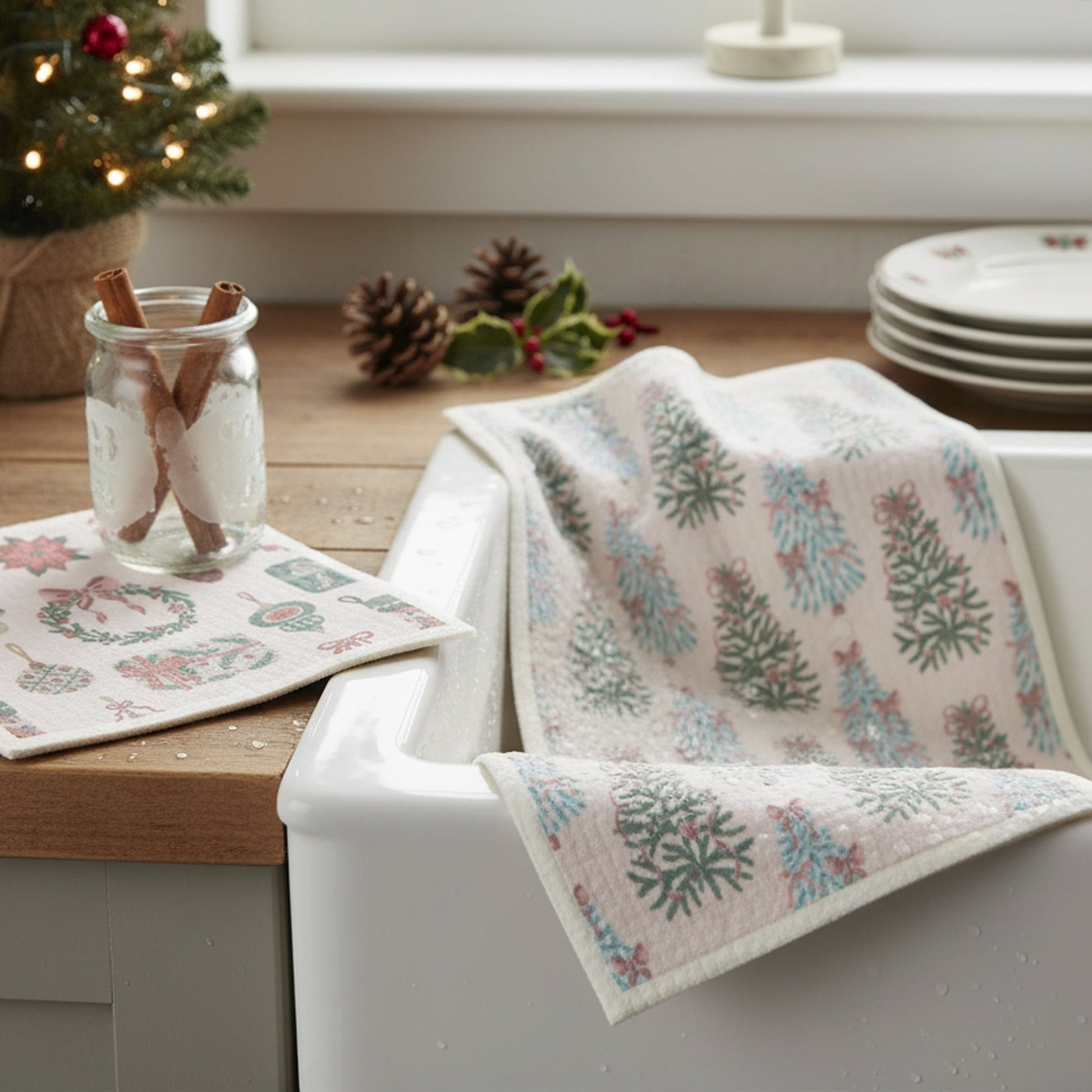 Swedish Dish Cloth Set of 2Tree and Ornaments Assorted, Christmas, Kitchen Towel, Holiday Decor- Set of 2