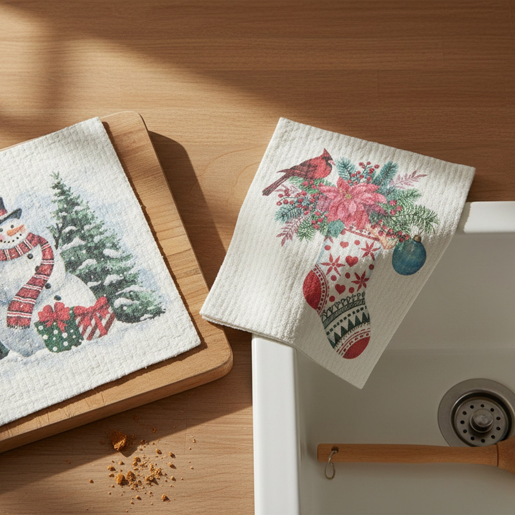 Swedish Dish Cloth Set of 2Stocking and Snowman Assorted, Christmas, Kitchen Towel, Holiday Decor- Set of 2
