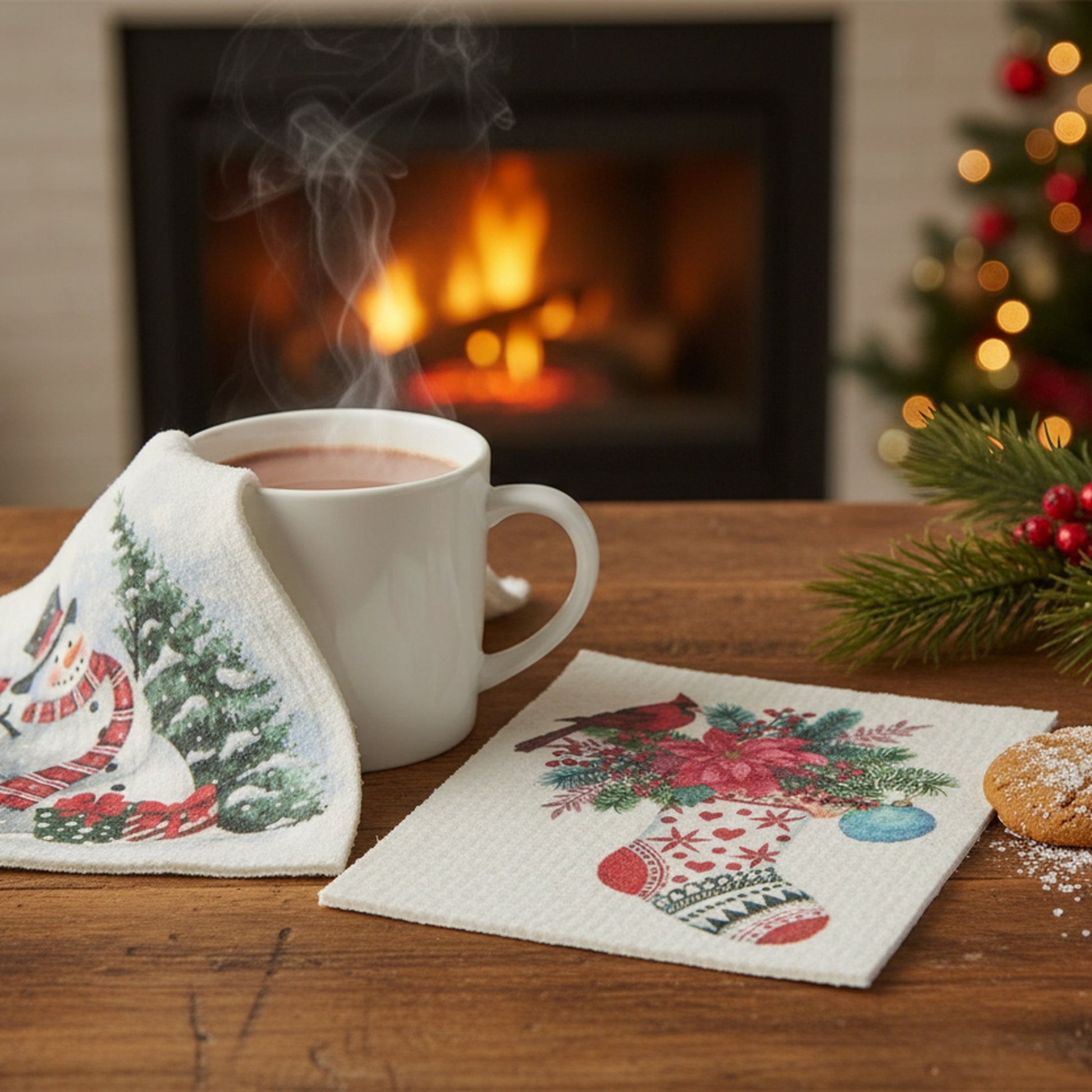 Swedish Dish Cloth Set of 2Stocking and Snowman Assorted, Christmas, Kitchen Towel, Holiday Decor- Set of 2