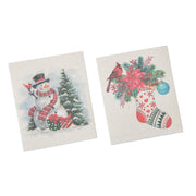 Swedish Dish Cloth Set of 2Stocking and Snowman Assorted, Christmas, Kitchen Towel, Holiday Decor- Set of 2