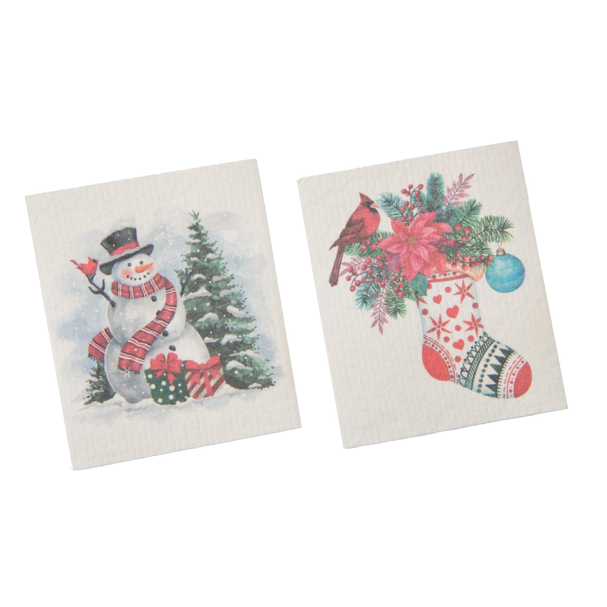 Swedish Dish Cloth Set of 2Stocking and Snowman Assorted, Christmas, Kitchen Towel, Holiday Decor- Set of 2