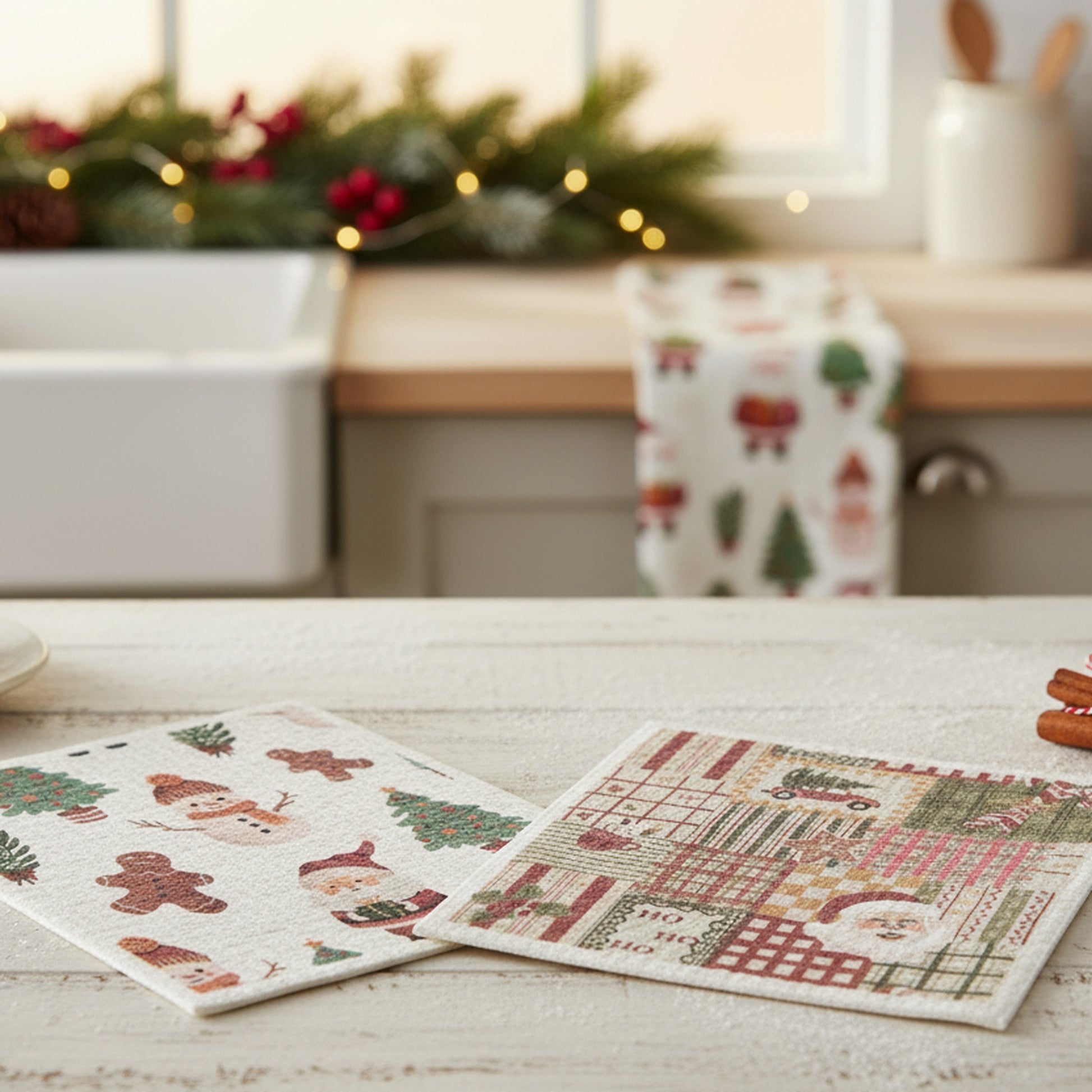Swedish Dish Cloth Set of 2Christmas Icons and Quilt Assorted, Christmas, Kitchen Towel, Holiday Decor- Set of 2