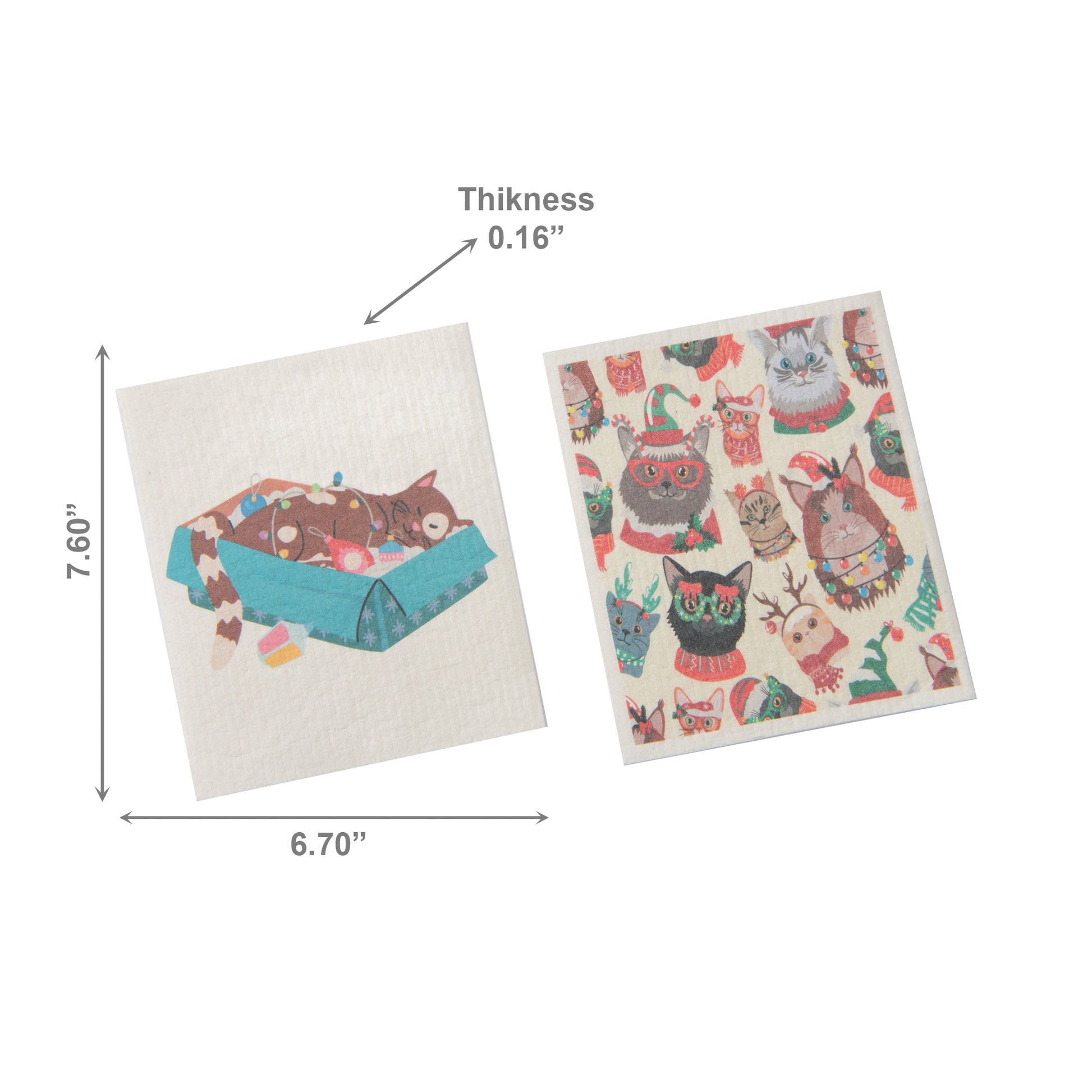 Swedish Dish Cloth Set of 2Festive Cats Assorted, Kitchen Towel, Holiday Decor- Set of 2