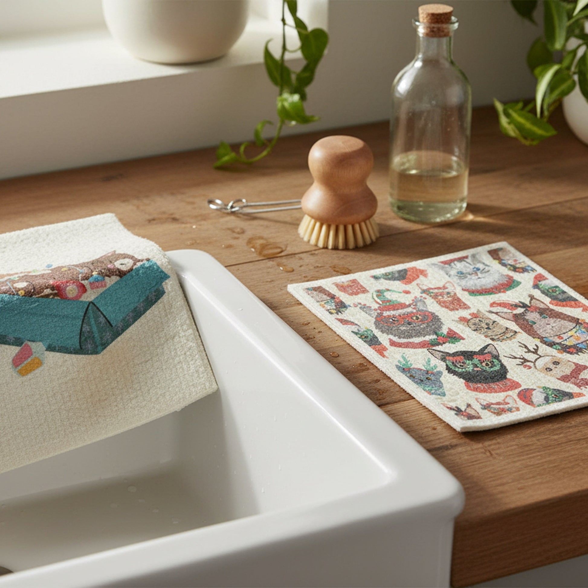 Swedish Dish Cloth Set of 2Festive Cats Assorted, Kitchen Towel, Holiday Decor- Set of 2