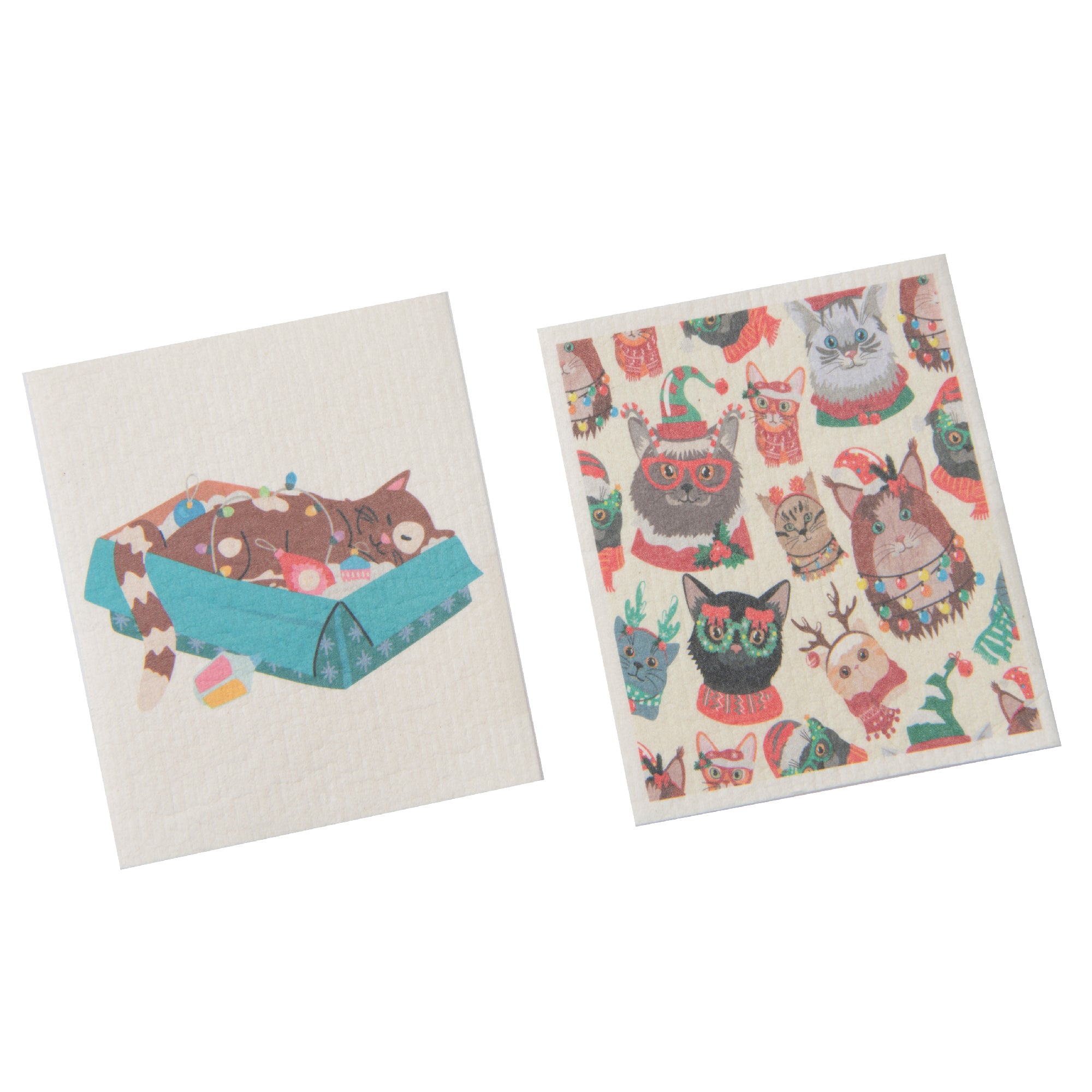 Swedish Dish Cloth Set of 2Festive Cats Assorted, Kitchen Towel, Holiday Decor- Set of 2