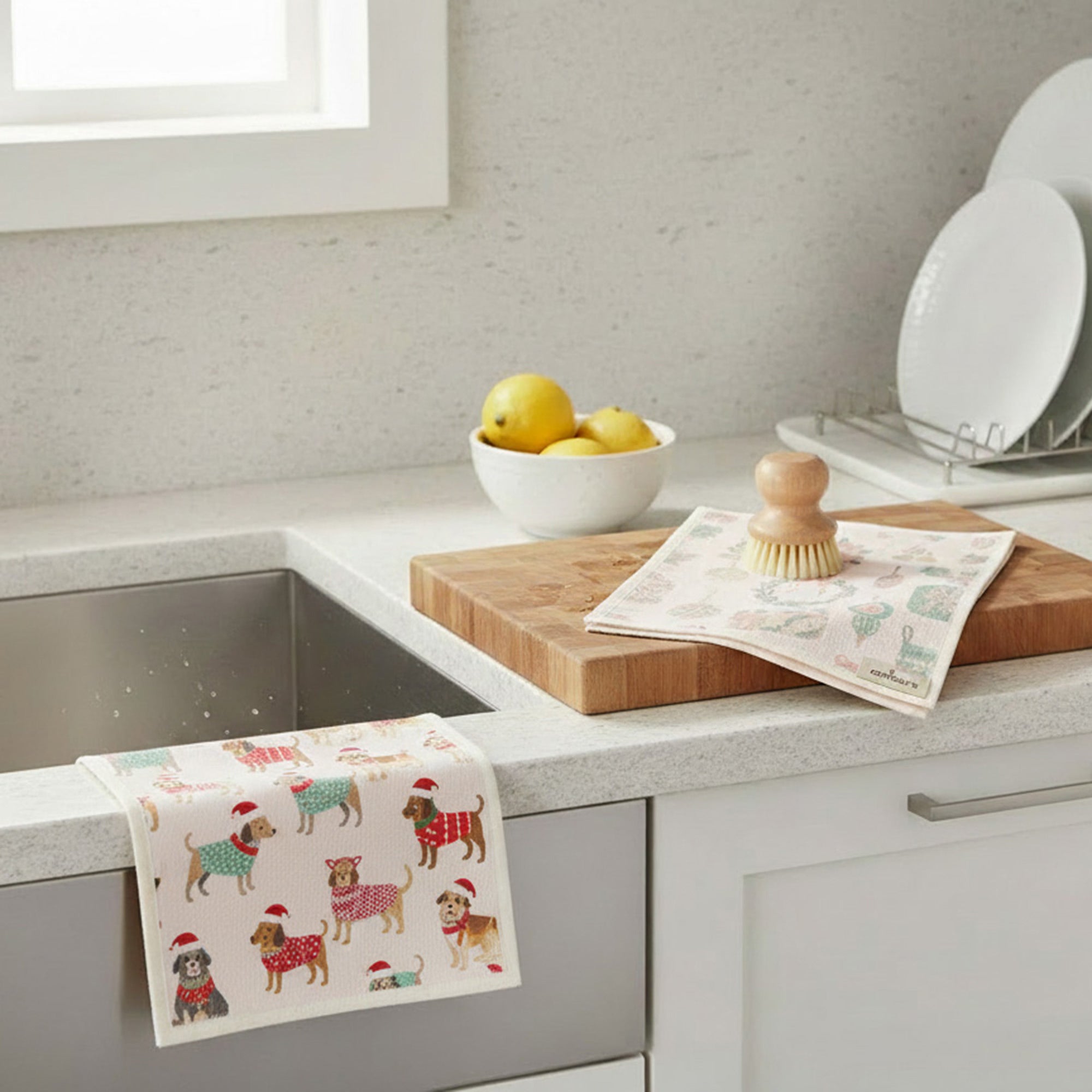 Swedish Dish Cloth Set of 2Festive Dogs Assorted, Kitchen Towel, Holiday Decor- Set of 2