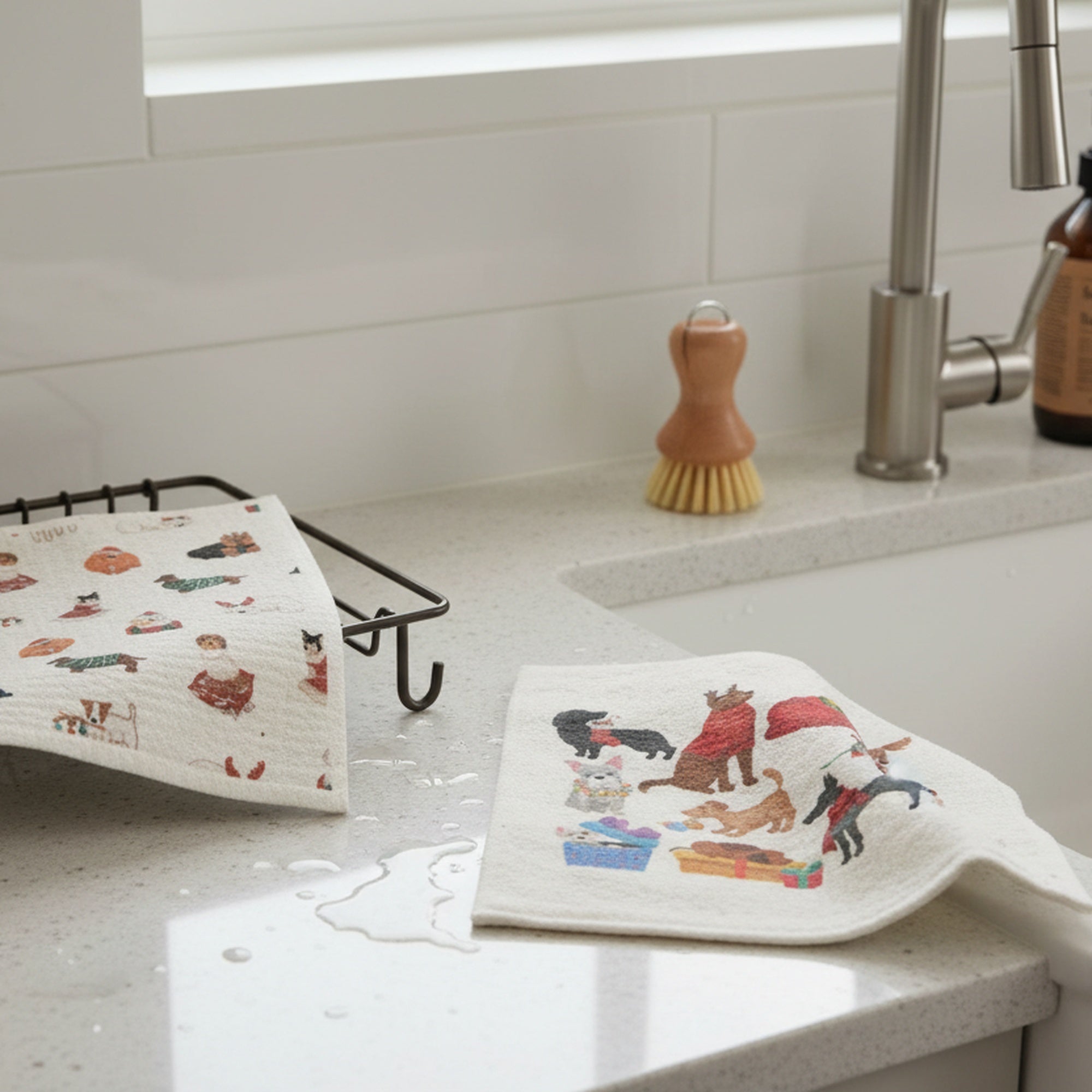Swedish Dish Cloth Set of 2Festive Dogs Assorted, Kitchen Towel, Holiday Decor- Set of 2
