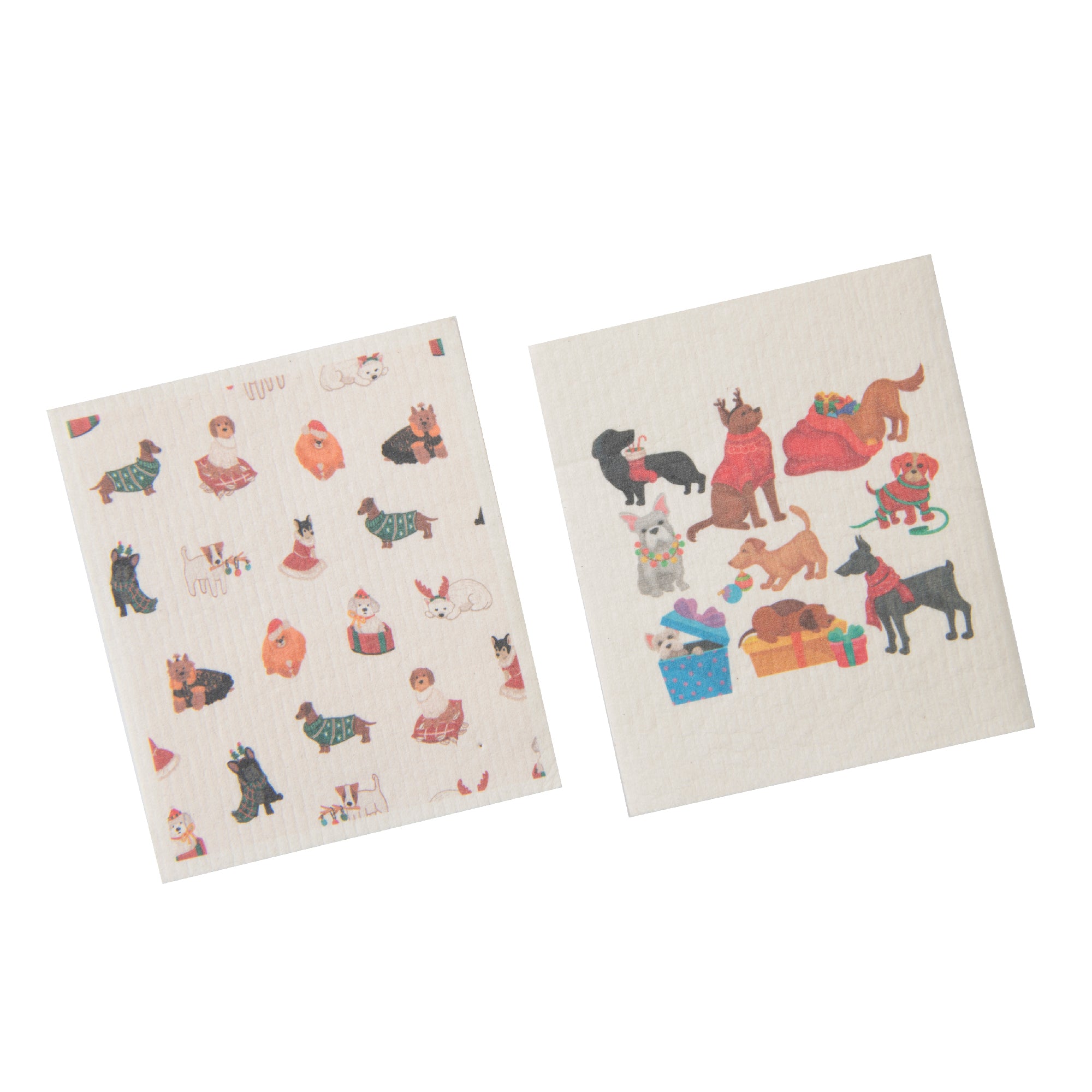 Swedish Dish Cloth Set of 2Festive Dogs Assorted, Kitchen Towel, Holiday Decor- Set of 2