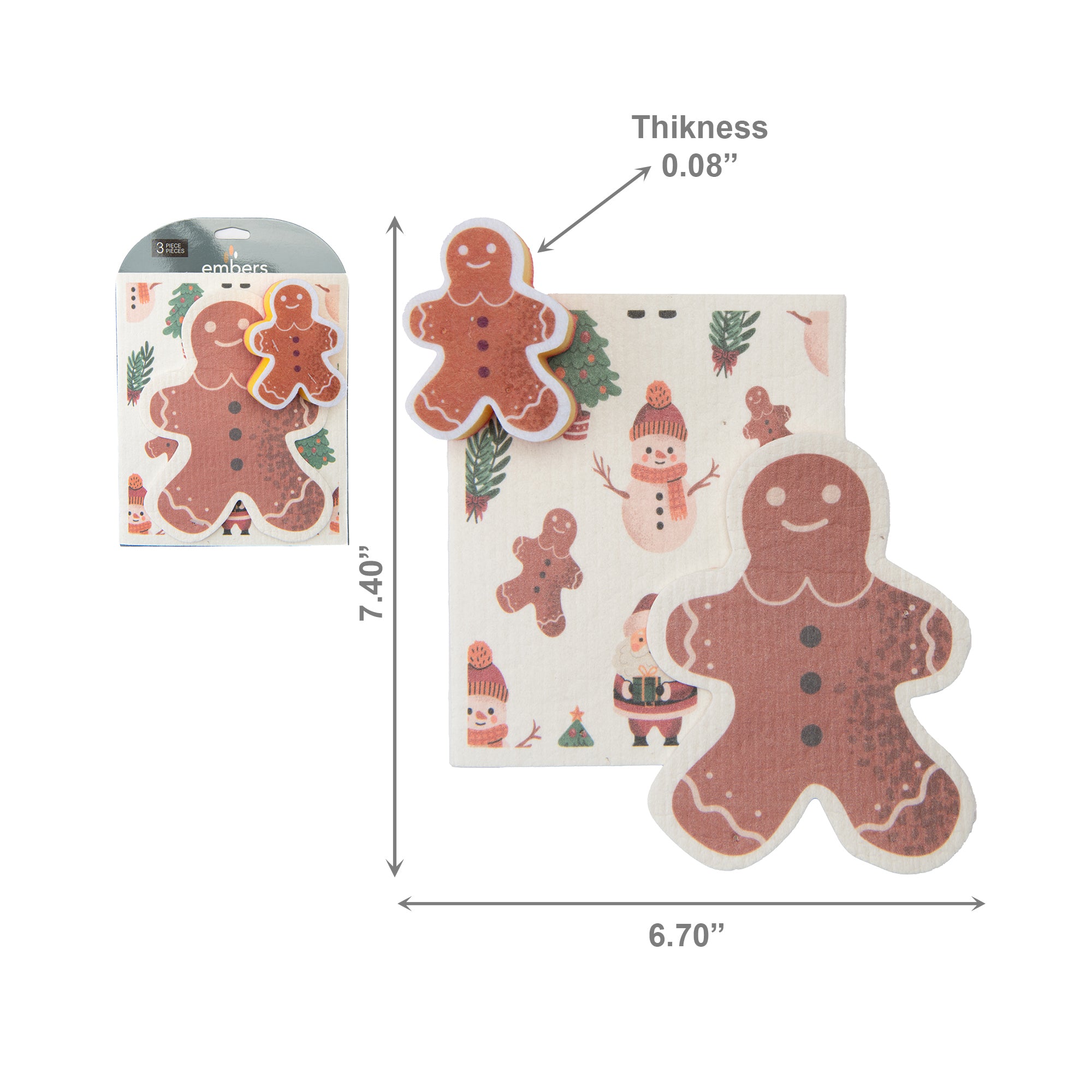 3 Piece Cleaning Set Dish Cloth & Sponge Gingerbread Man, Christmas, Kitchen Towel, Holiday Decor- Set of 2