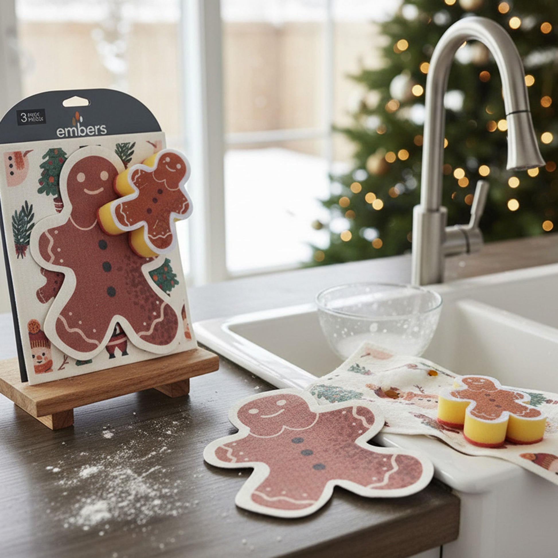 3 Piece Cleaning Set Dish Cloth & Sponge Gingerbread Man, Christmas, Kitchen Towel, Holiday Decor- Set of 2
