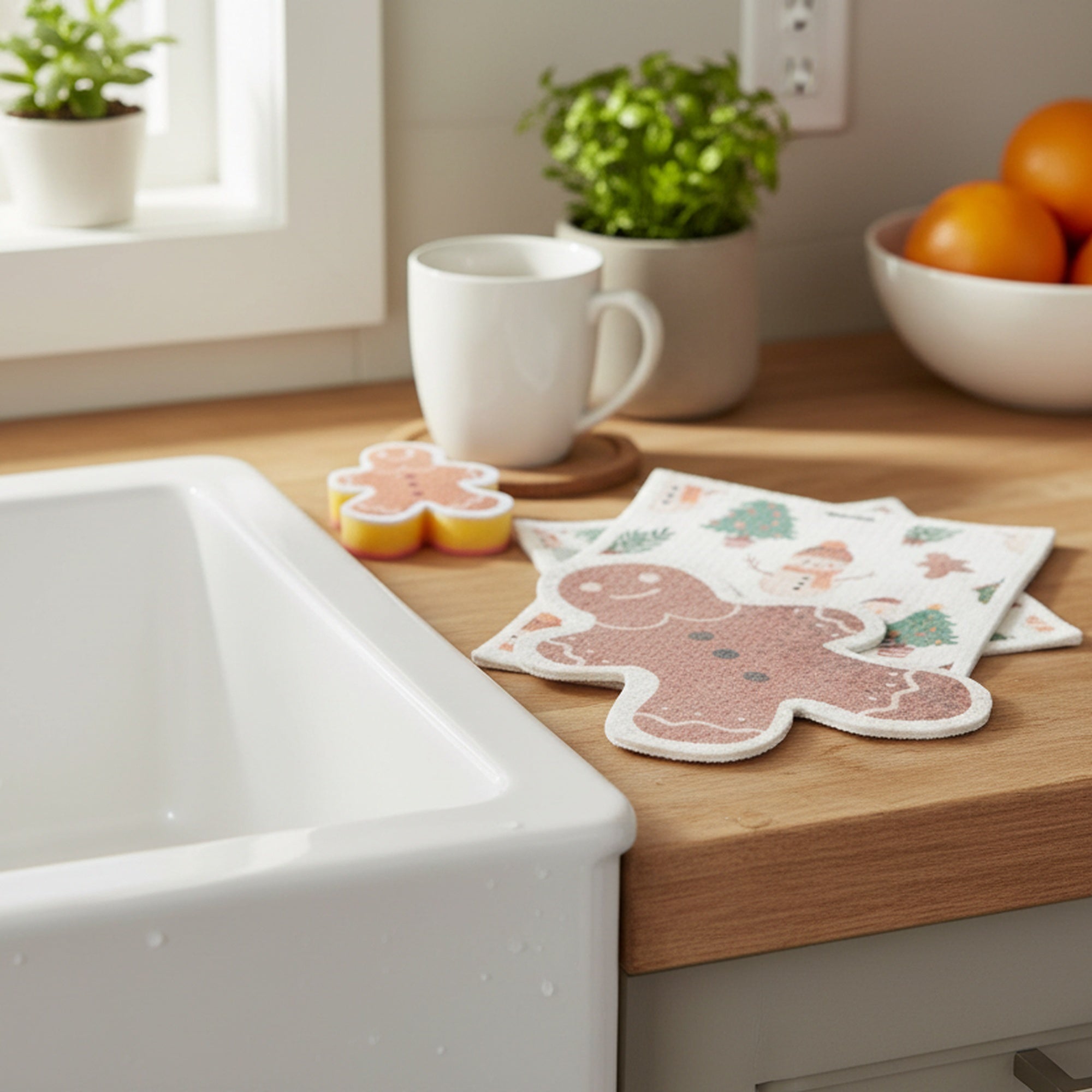 3 Piece Cleaning Set Dish Cloth & Sponge Gingerbread Man, Christmas, Kitchen Towel, Holiday Decor- Set of 2