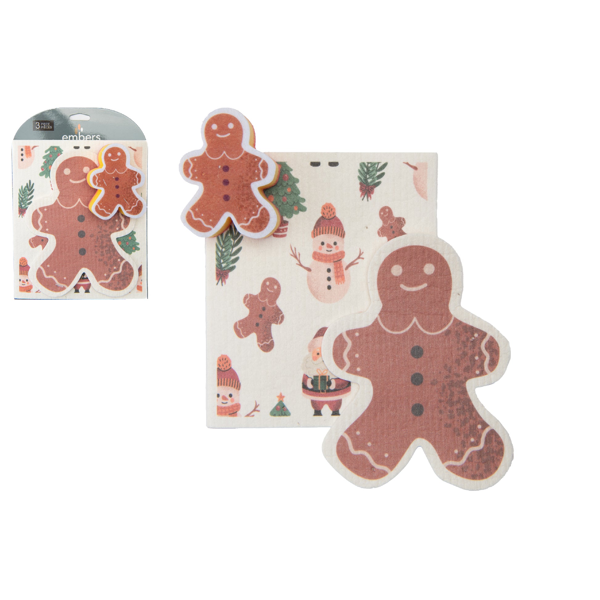 3 Piece Cleaning Set Dish Cloth & Sponge Gingerbread Man, Christmas, Kitchen Towel, Holiday Decor- Set of 2