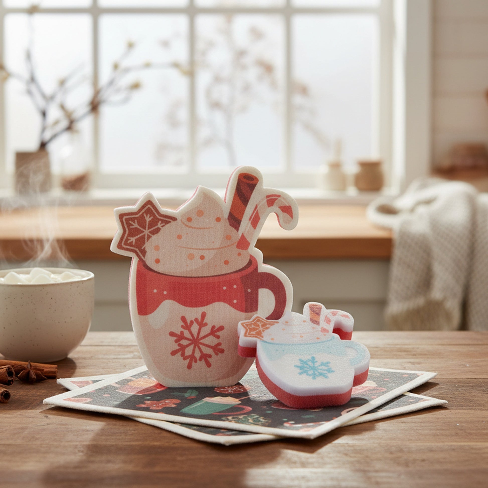 3 Piece Cleaning Set Dish Cloth & Sponge Hot Chocolate, Christmas, Kitchen Towel, Holiday Decor- Set of 2
