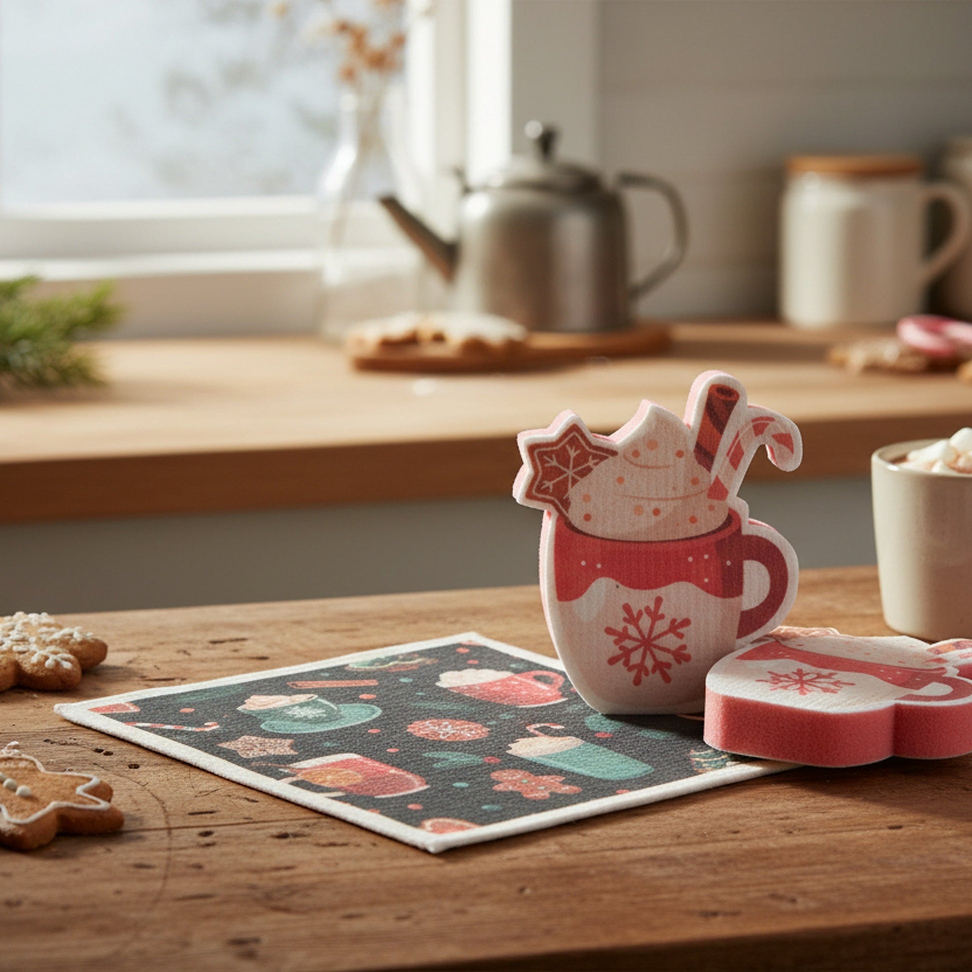 3 Piece Cleaning Set Dish Cloth & Sponge Hot Chocolate, Christmas, Kitchen Towel, Holiday Decor- Set of 2