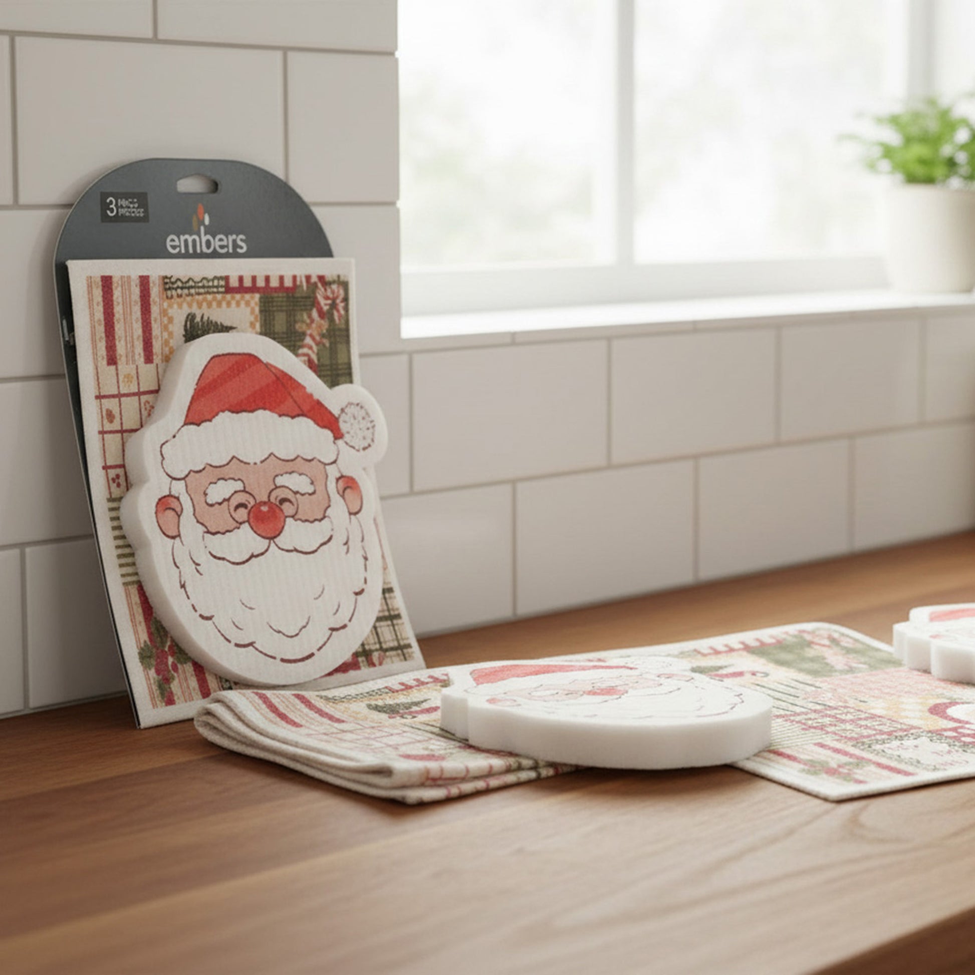 3 Piece Cleaning Set Dish Cloth & Sponge Santa, Christmas, Kitchen Towel, Holiday Decor- Set of 2