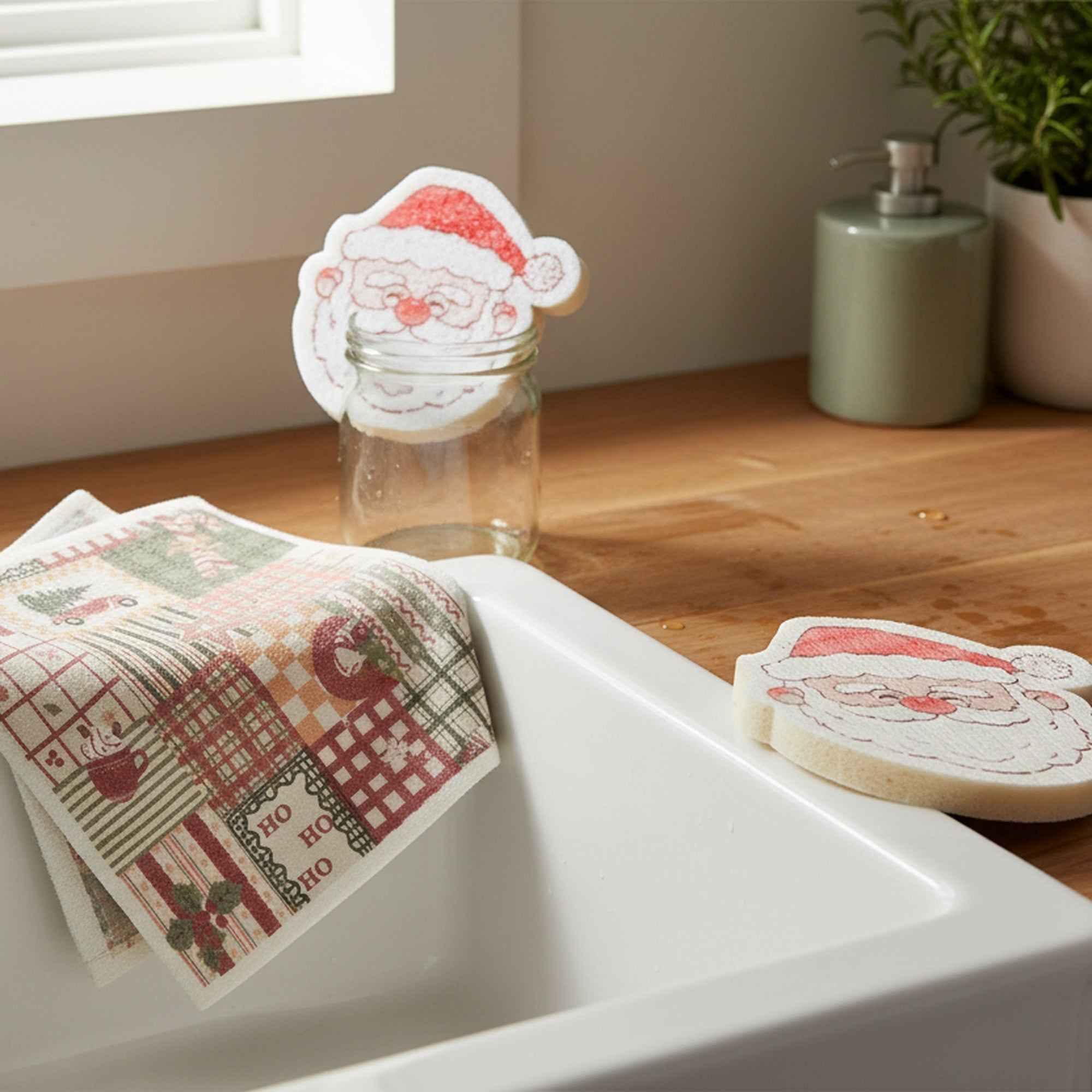 3 Piece Cleaning Set Dish Cloth & Sponge Santa, Christmas, Kitchen Towel, Holiday Decor- Set of 2
