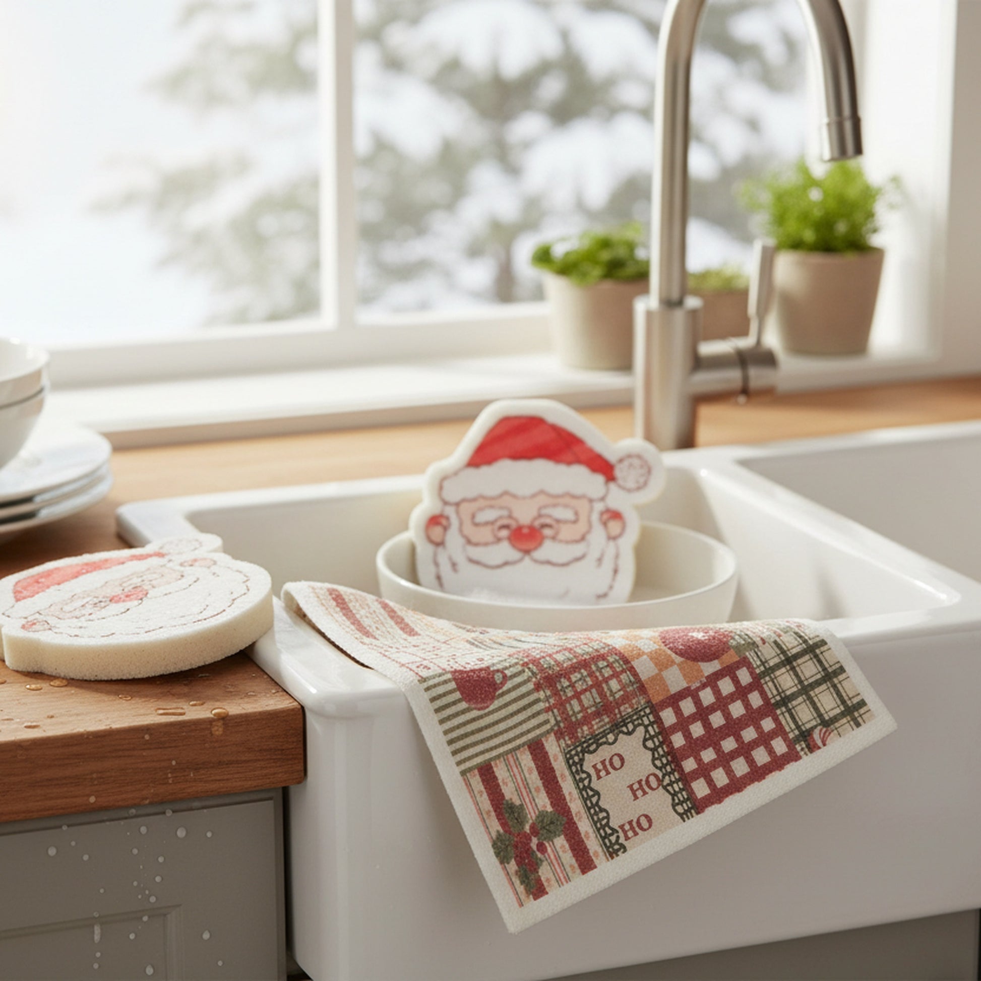 3 Piece Cleaning Set Dish Cloth & Sponge Santa, Christmas, Kitchen Towel, Holiday Decor- Set of 2