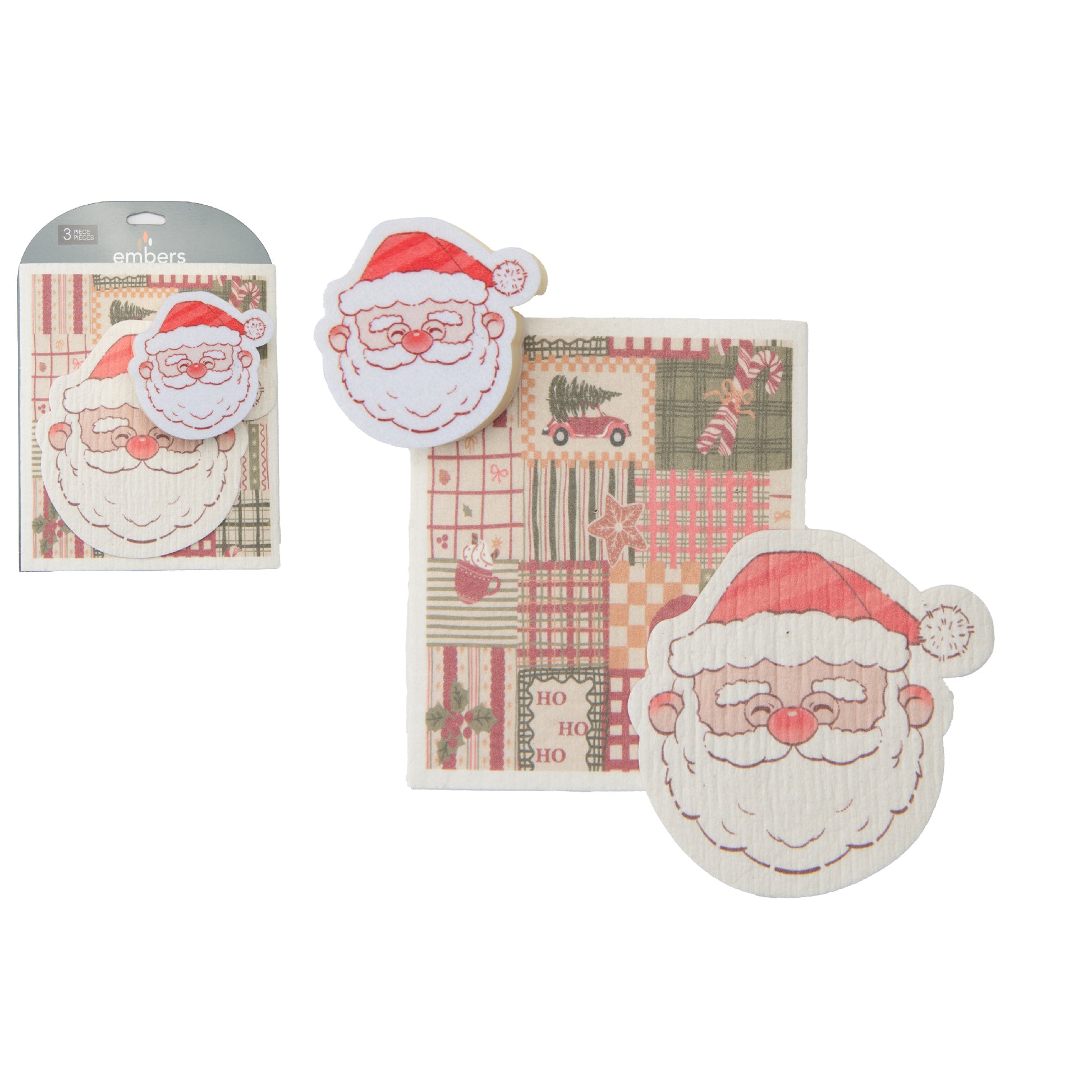 3 Piece Cleaning Set Dish Cloth & Sponge Santa, Christmas, Kitchen Towel, Holiday Decor- Set of 2