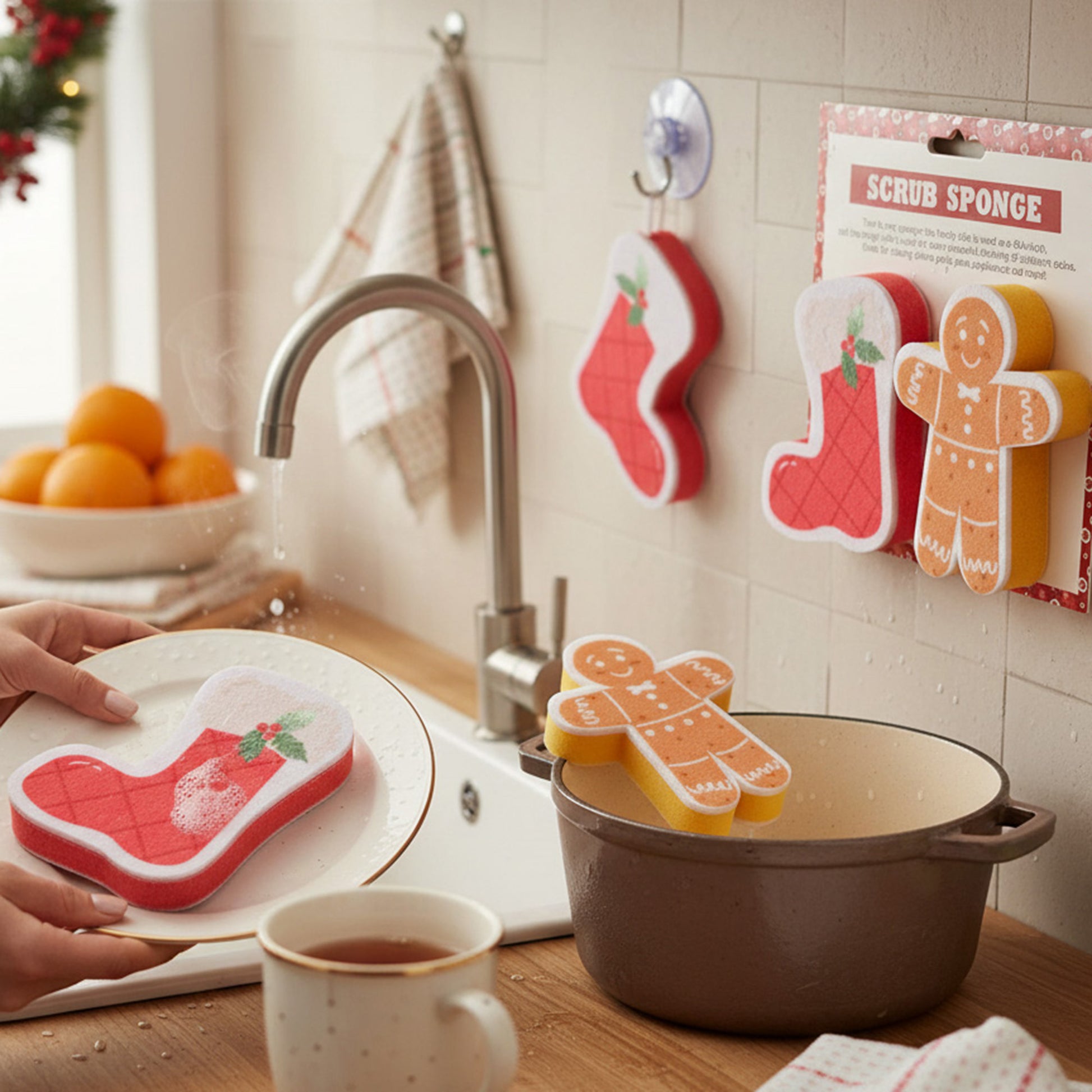 Kitchen Sponge Sock & Gingerbread 2 Piece, Christmas, Holiday Decor- Set of 4