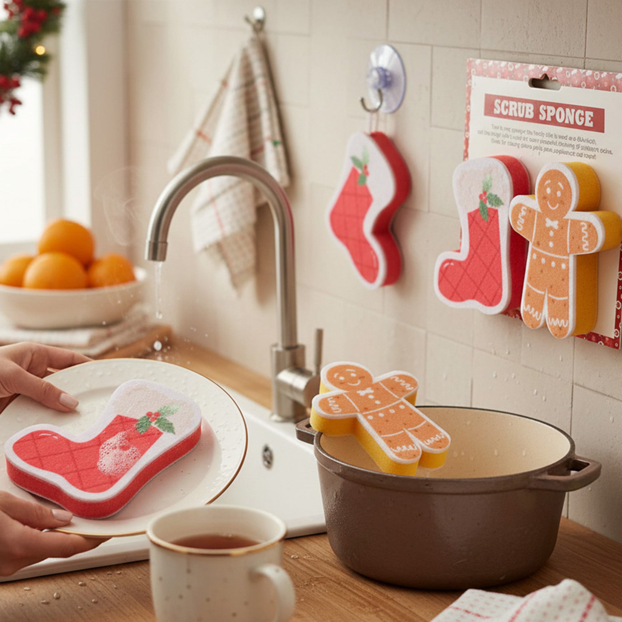 Kitchen Sponge Sock & Gingerbread 2 Piece, Christmas, Holiday Decor- Set of 4