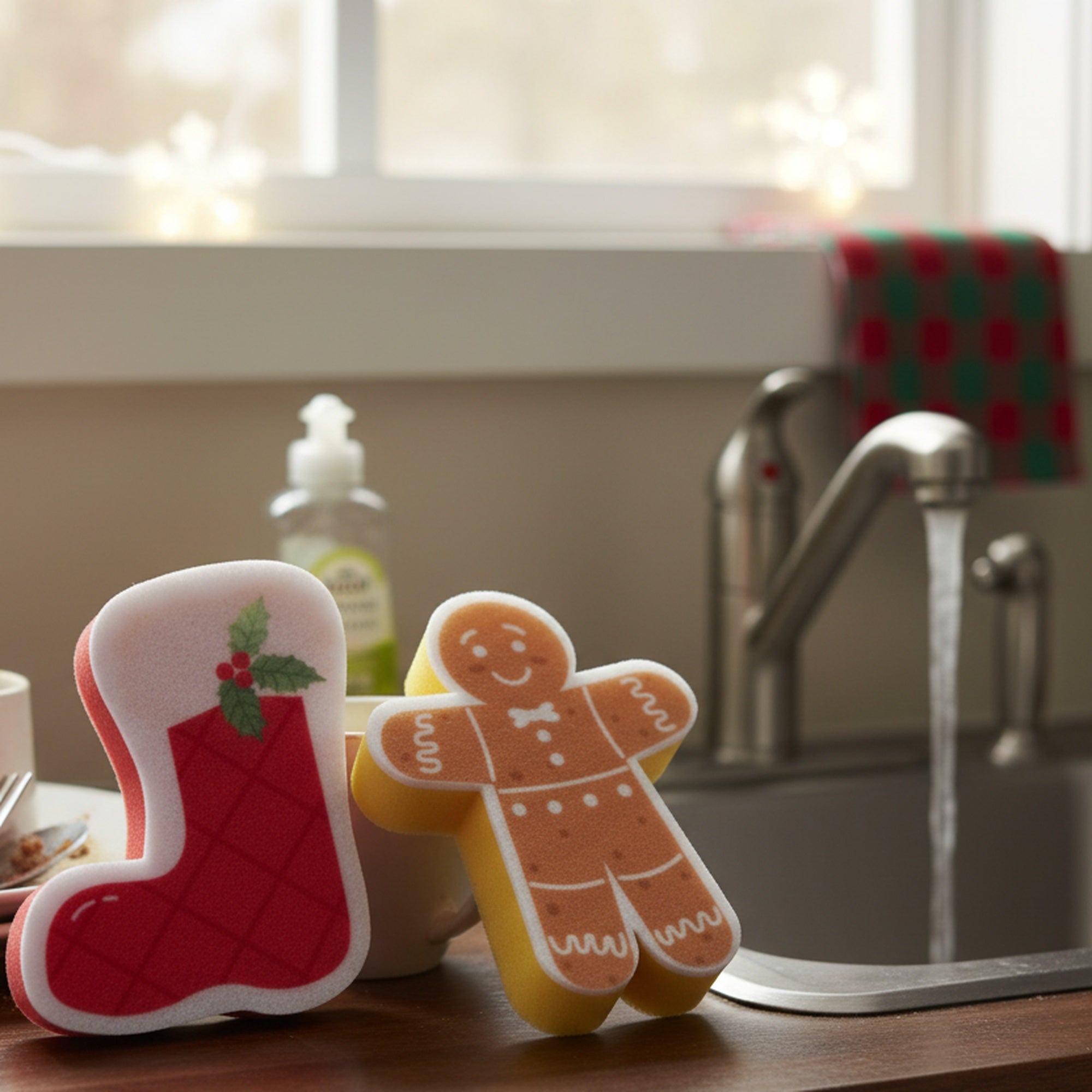 Kitchen Sponge Sock & Gingerbread 2 Piece, Christmas, Holiday Decor- Set of 4