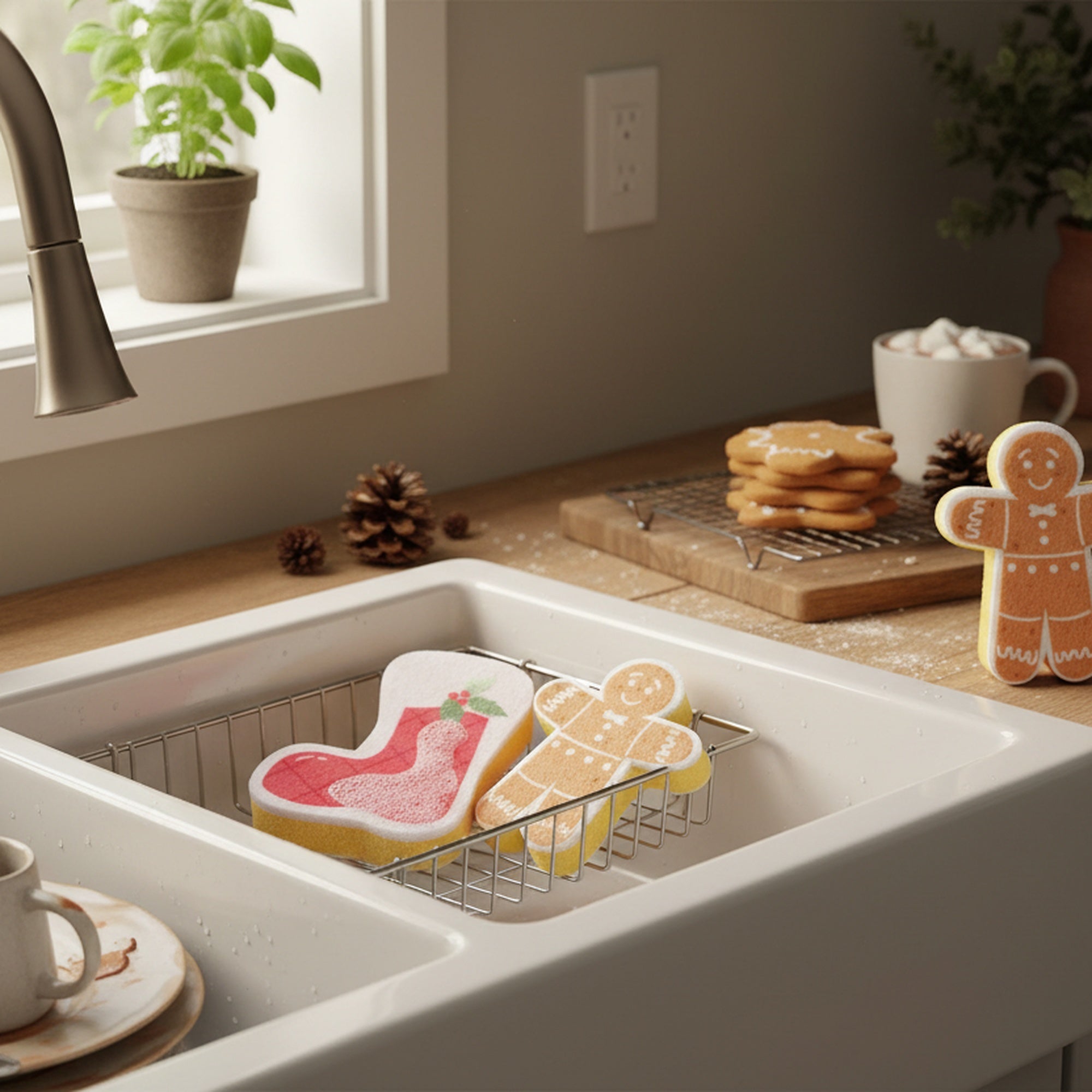Kitchen Sponge Sock & Gingerbread 2 Piece, Christmas, Holiday Decor- Set of 4